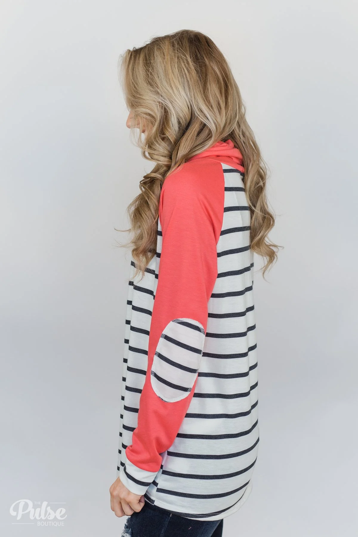 Perfect Match Striped Elbow Patch Cowl Neck- Coral - Image 6