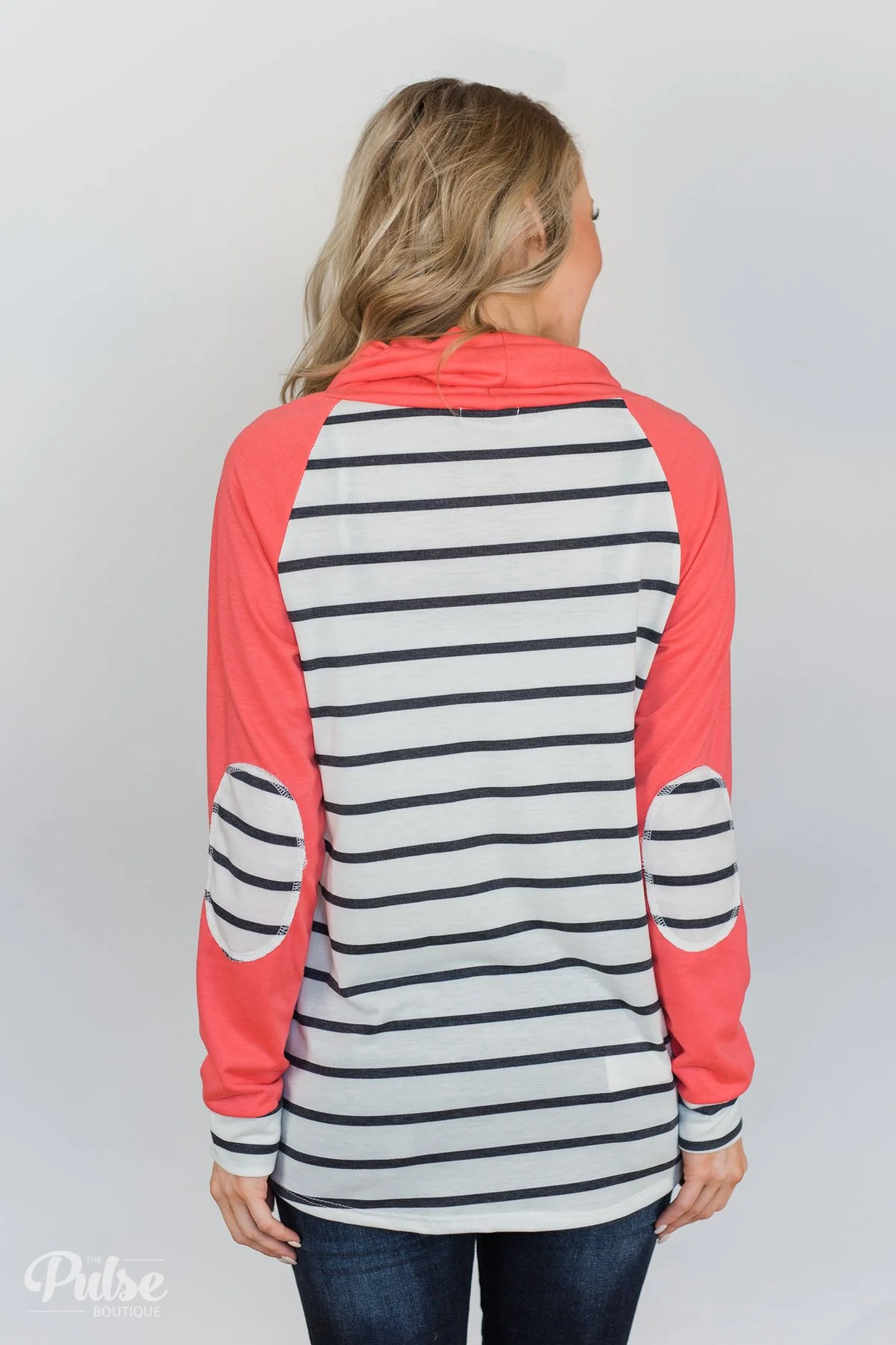 Perfect Match Striped Elbow Patch Cowl Neck- Coral - Image 7