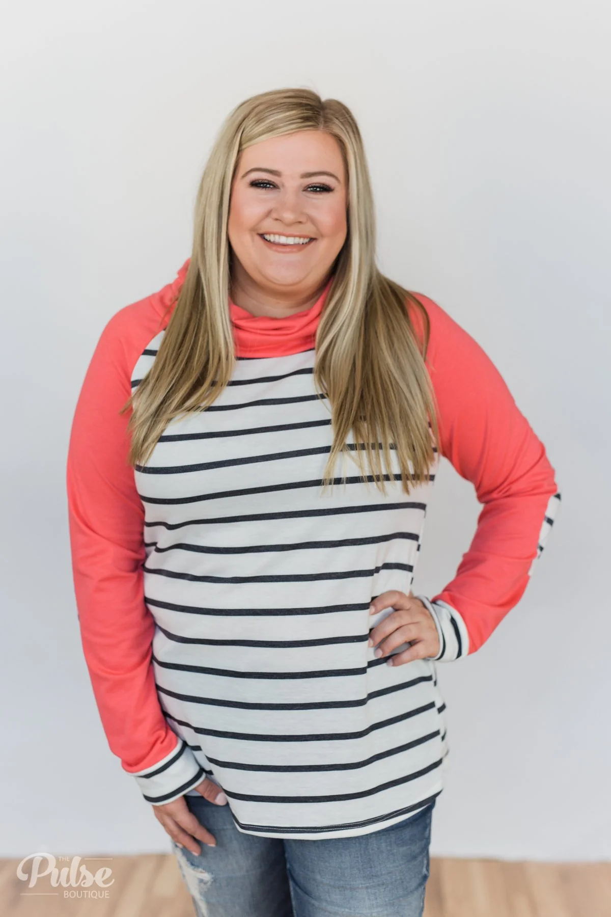 Perfect Match Striped Elbow Patch Cowl Neck- Coral - Image 9
