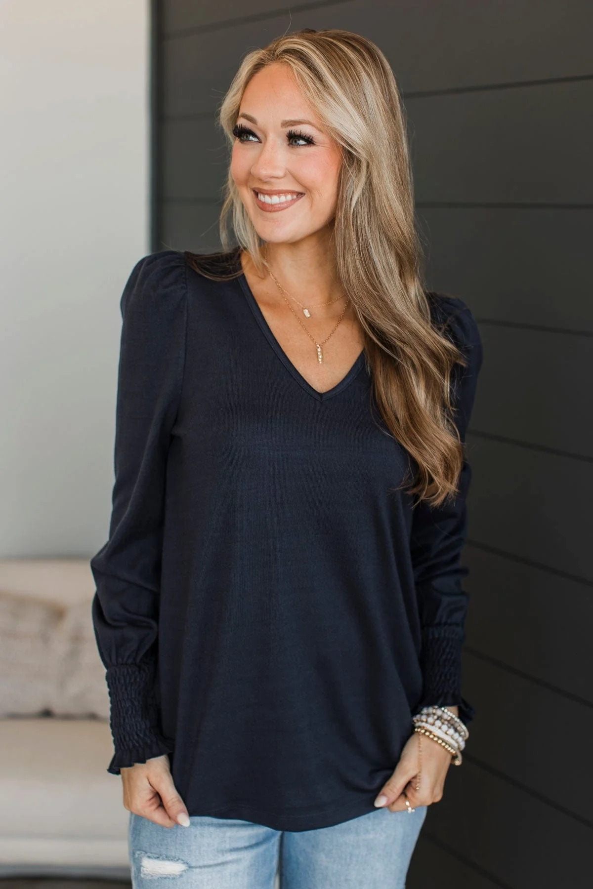 Perfect Nights Puff Sleeve Top- Dark Navy - Image 3