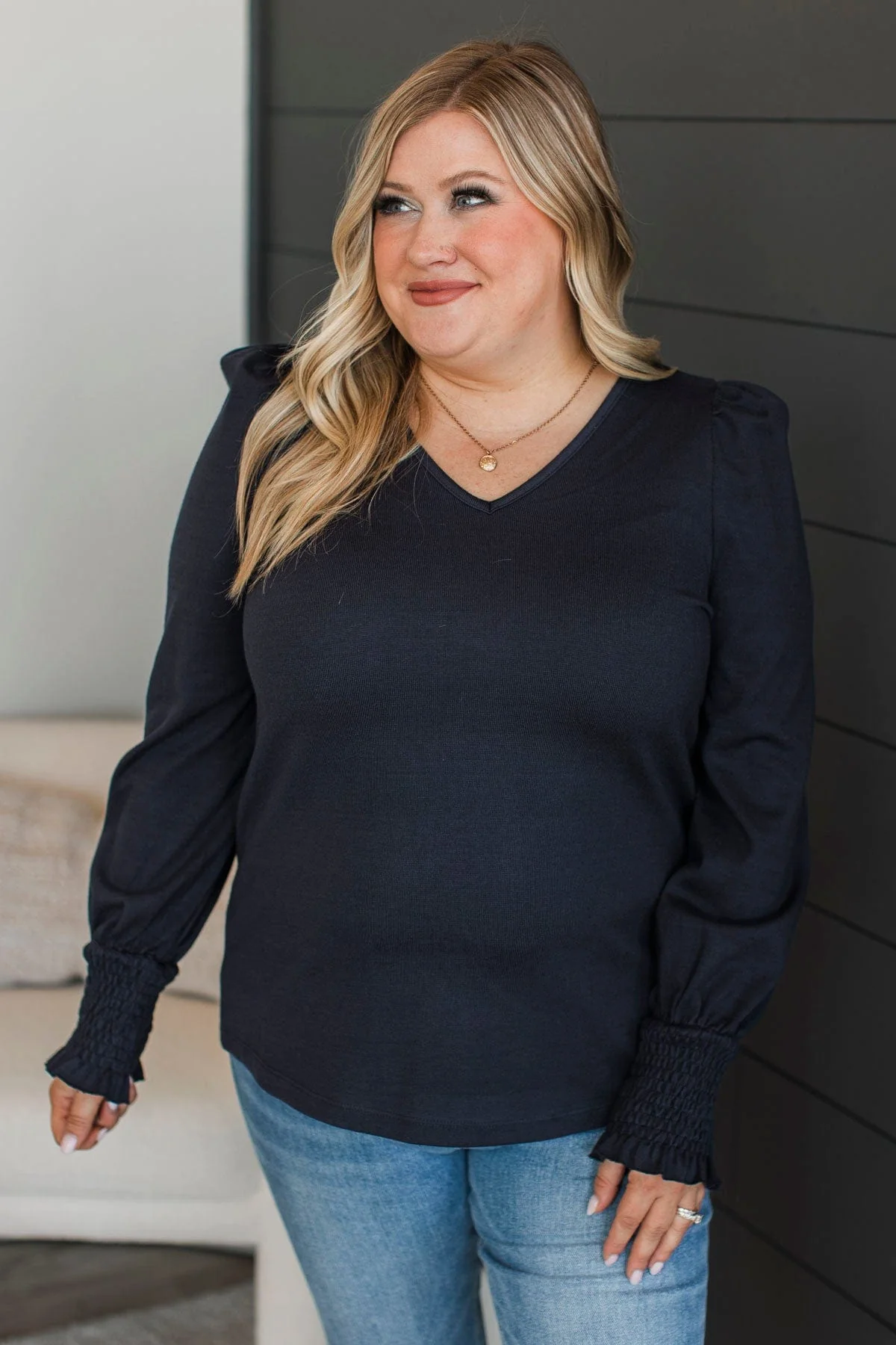 Perfect Nights Puff Sleeve Top- Dark Navy - Image 4