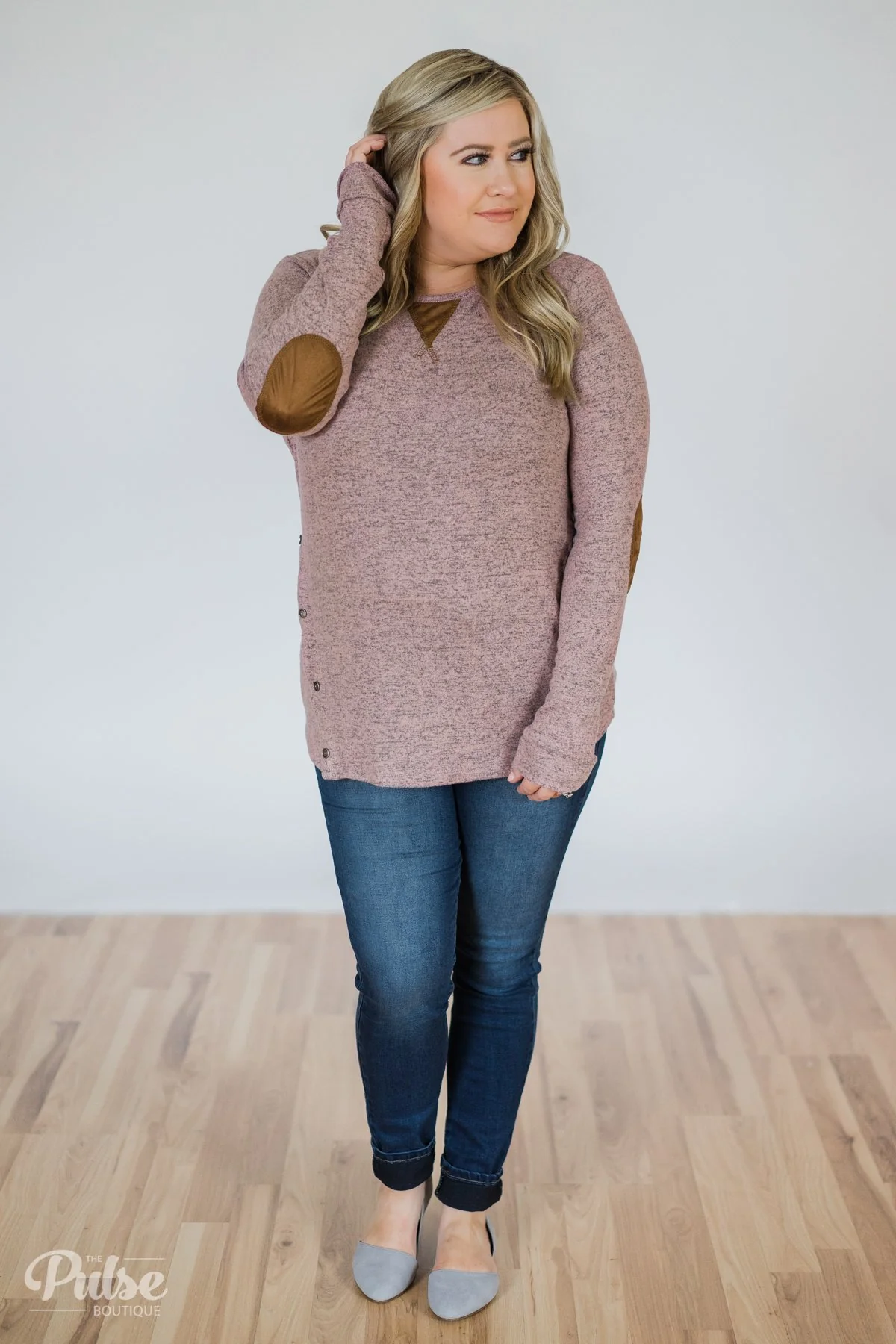 Perfect Pair Button & Elbow Patch Top- Heathered Mauve - Image 3