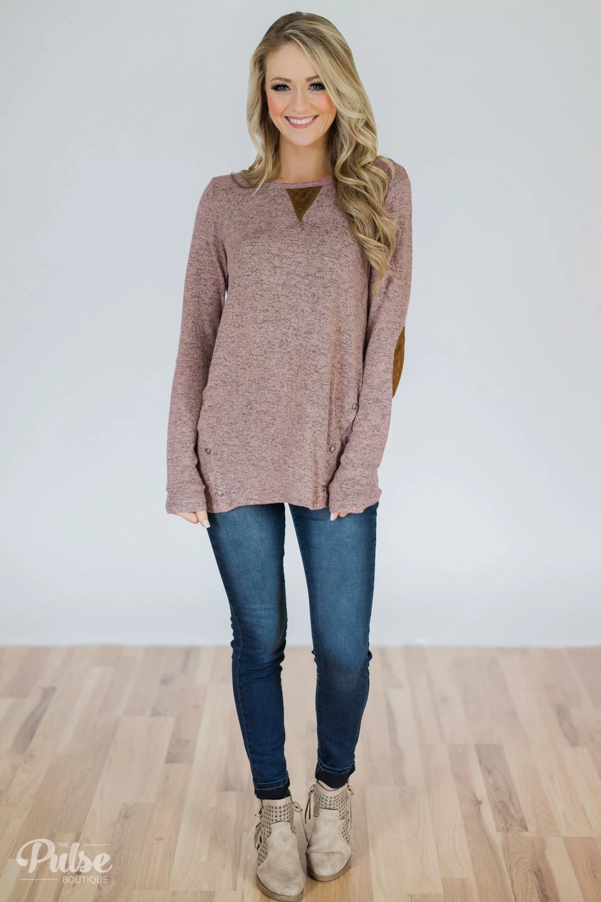 Perfect Pair Button & Elbow Patch Top- Heathered Mauve - Image 4