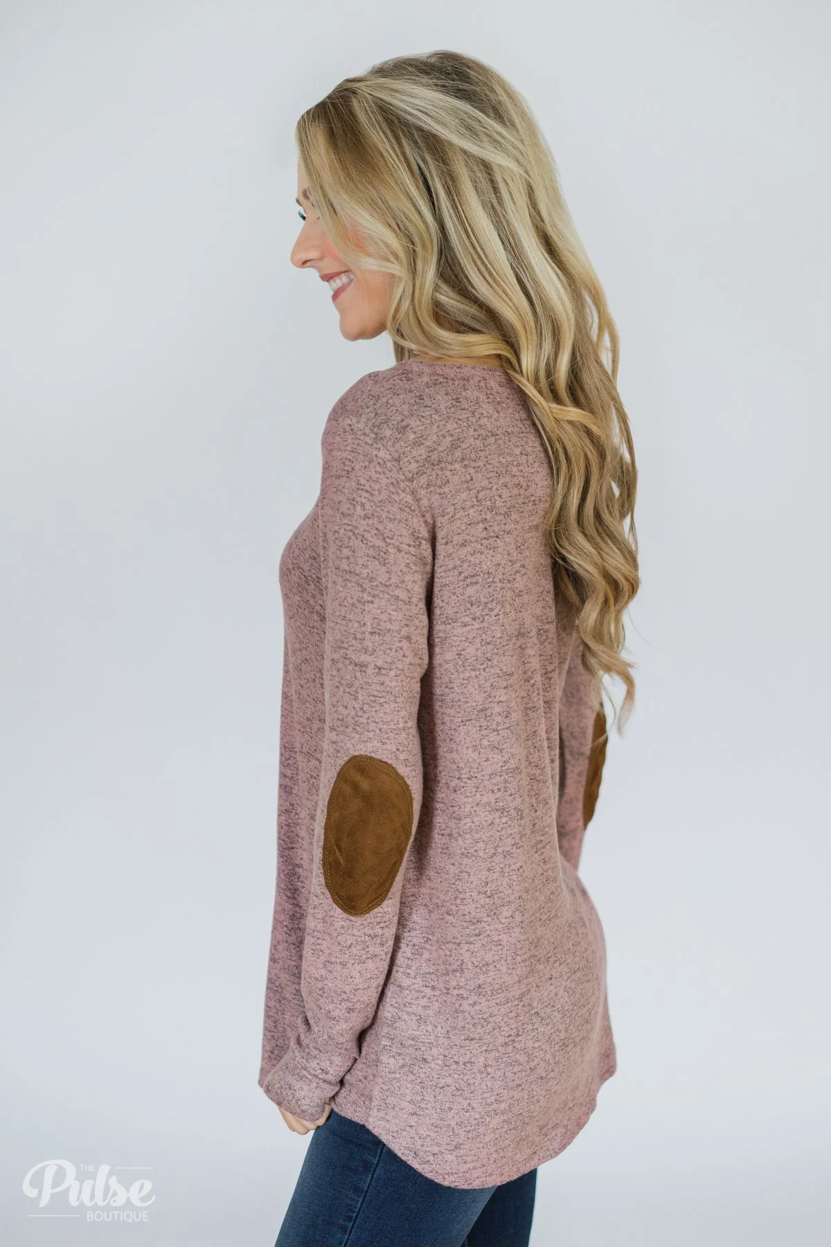 Perfect Pair Button & Elbow Patch Top- Heathered Mauve - Image 6