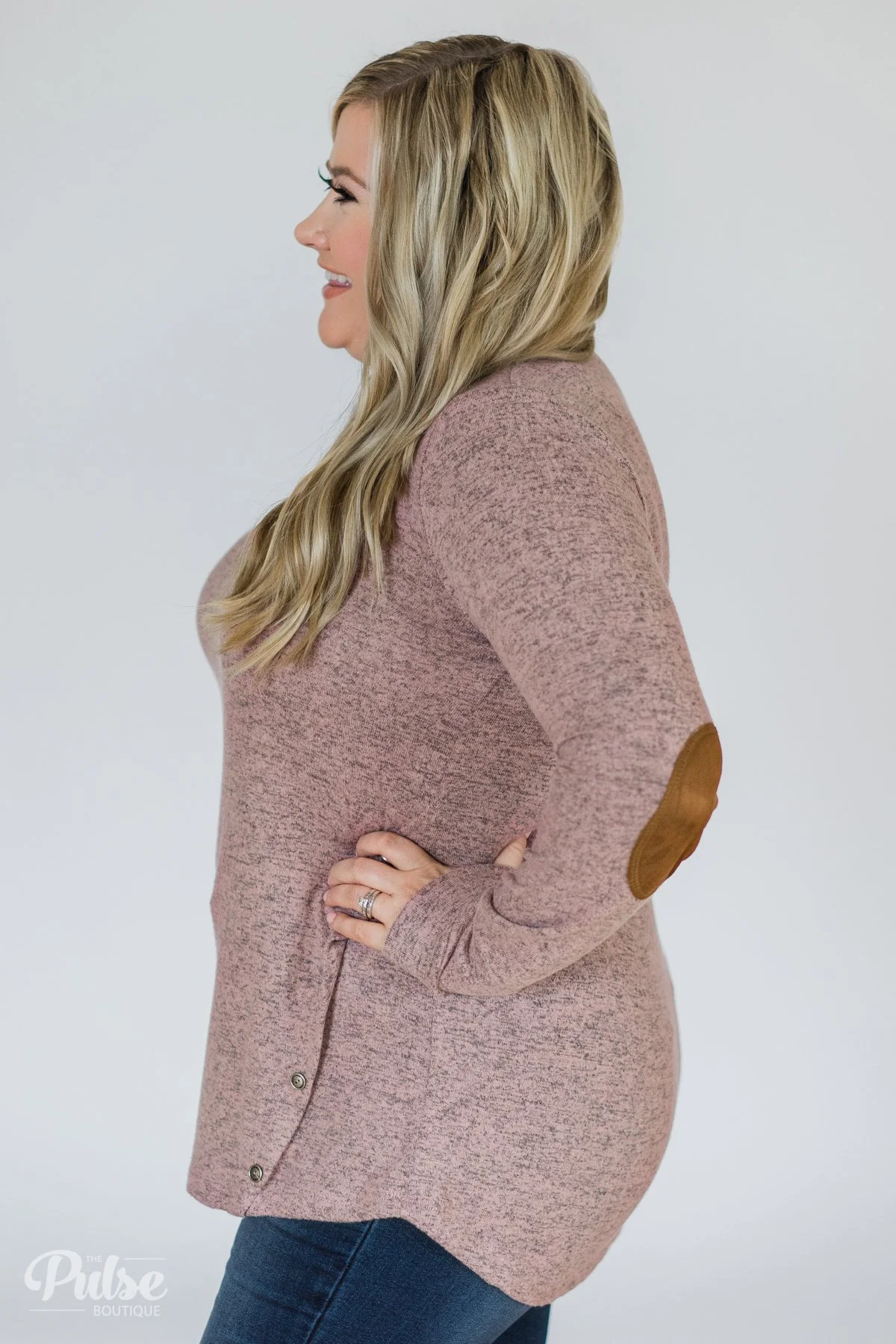 Perfect Pair Button & Elbow Patch Top- Heathered Mauve - Image 9