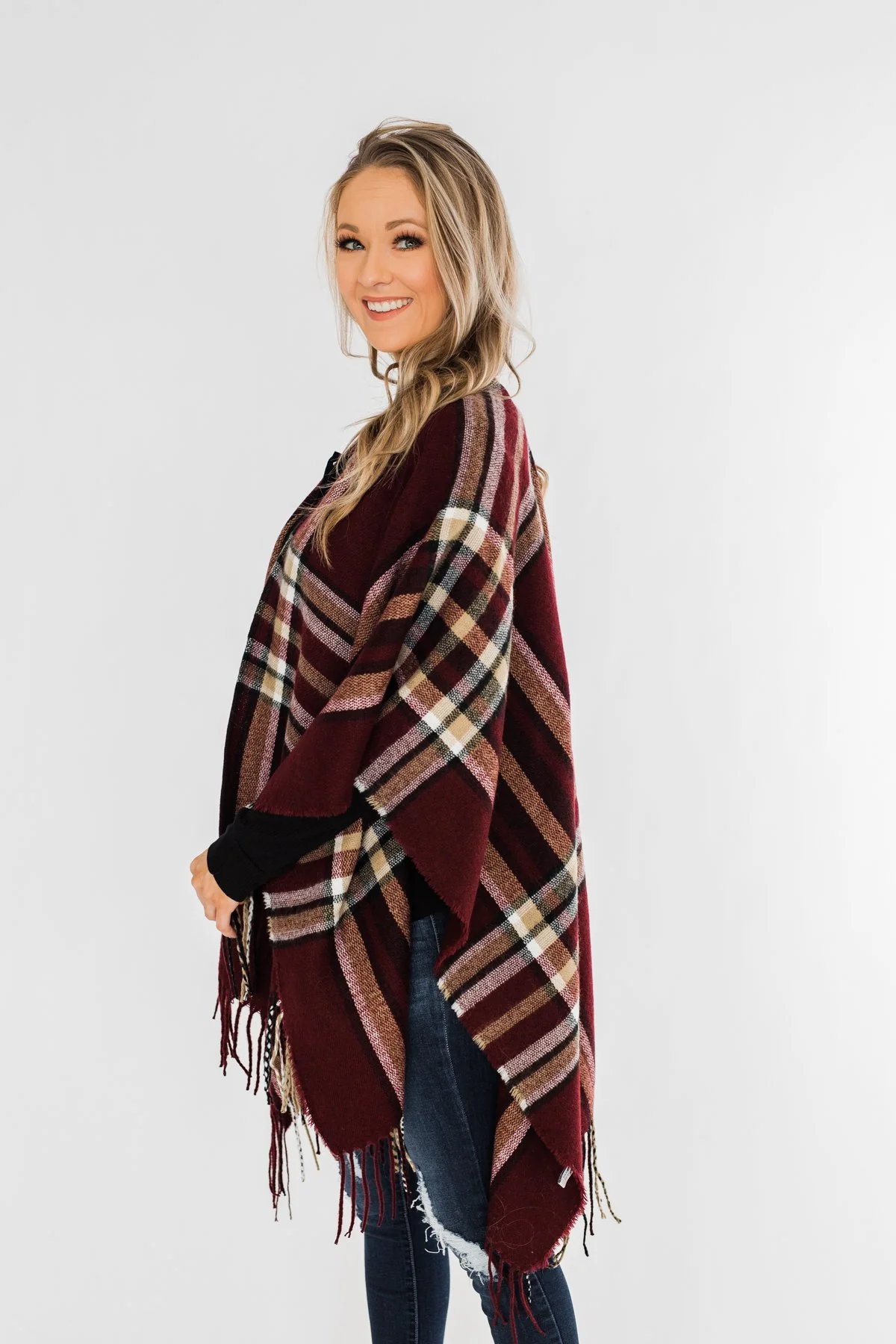 Perfect Plaid Shawl- Burgundy, Tan, & Ivory - Image 4