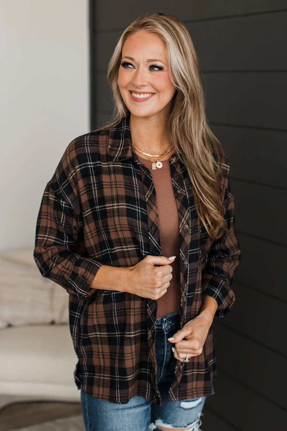 Perfect Times Plaid Button Top- Brown - Image 4