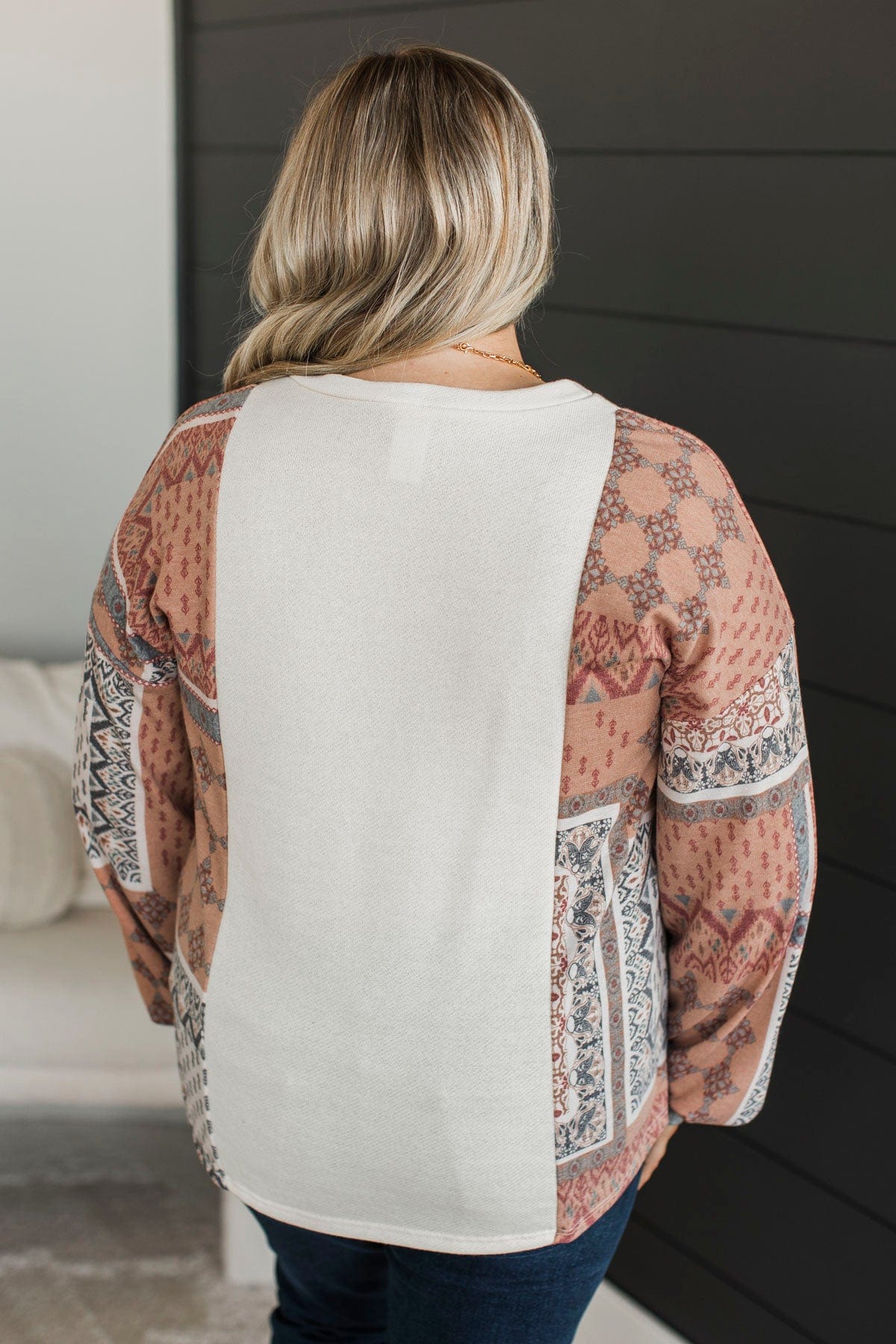 Perfect Views Print Sleeve Top- Cream & Brick - Image 7
