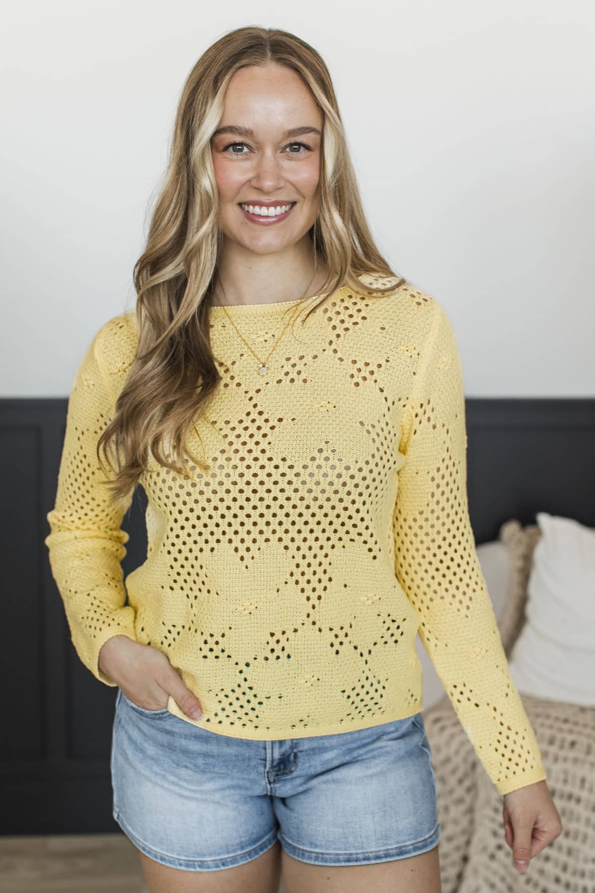 Perfectly Adorable Pointelle Knit Sweater- Light Yellow