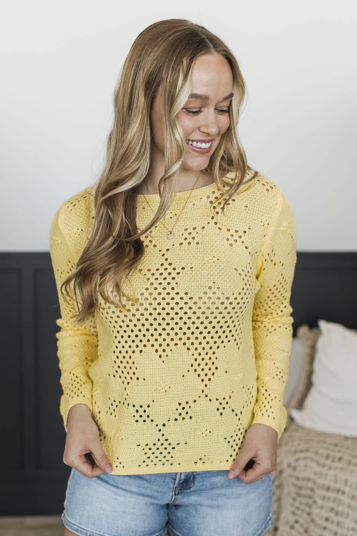 Perfectly Adorable Pointelle Knit Sweater- Light Yellow - Image 3