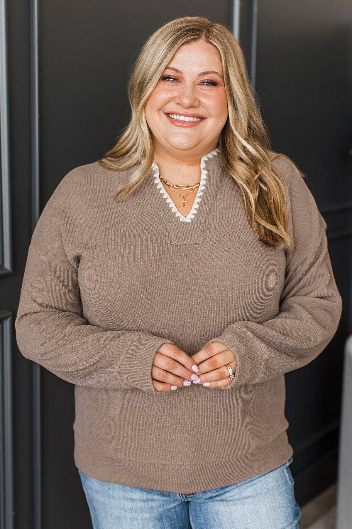 Perfectly Fabulous Ribbed Pullover Top- Taupe - Image 3