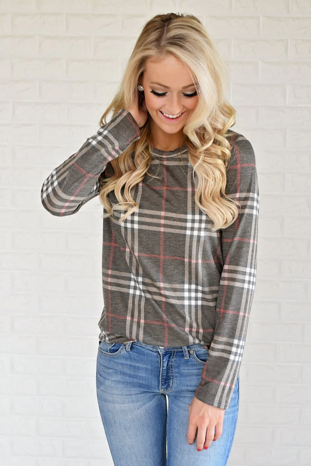 Perfectly Plaid Long Sleeve Top ~ Brown