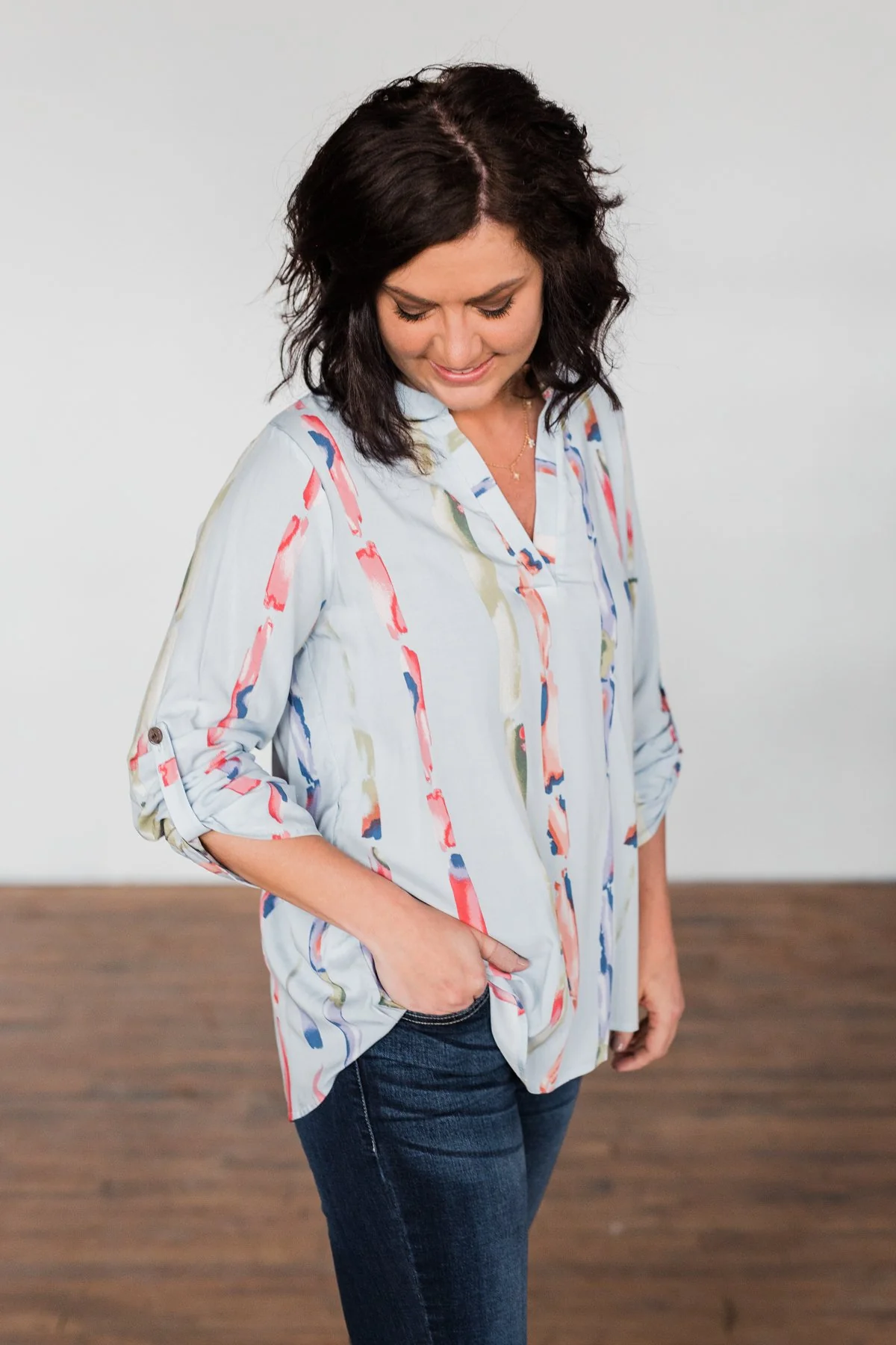 Perfectly Poise Printed V-Neck Top- Light Blue - Image 6