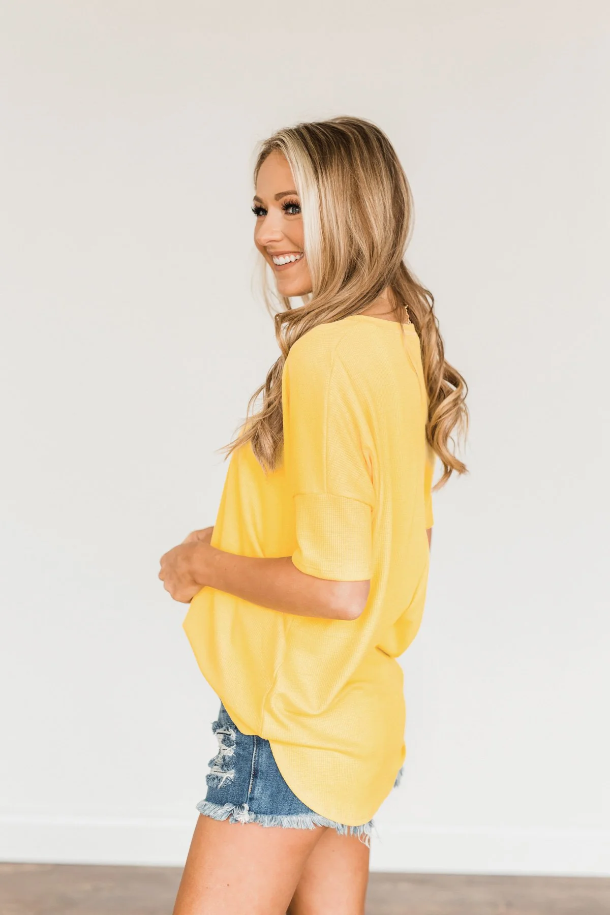 Perfectly Pretty Thermal Knit Top- Yellow - Image 4