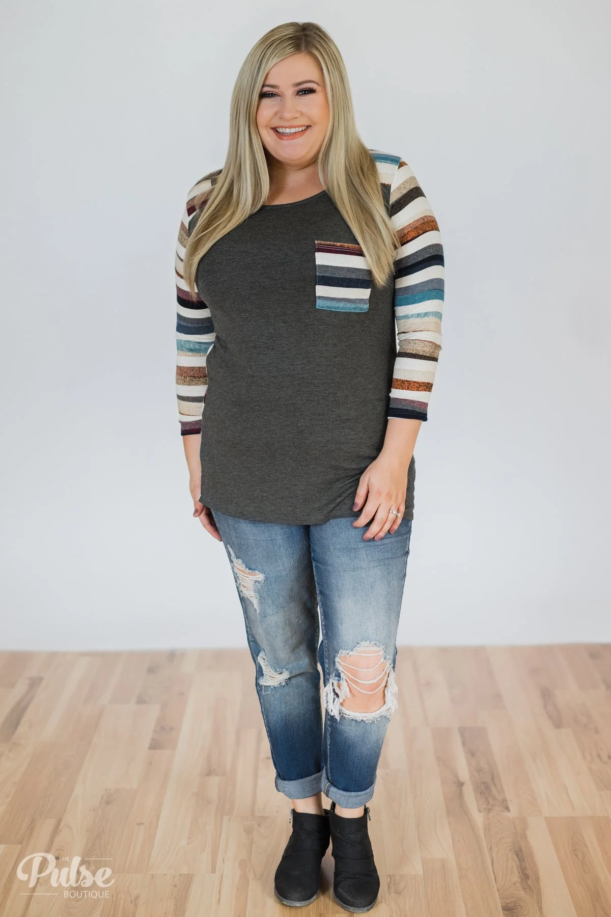 Perfectly Shaded 3/4 Sleeve Striped Top- Charcoal - Image 3
