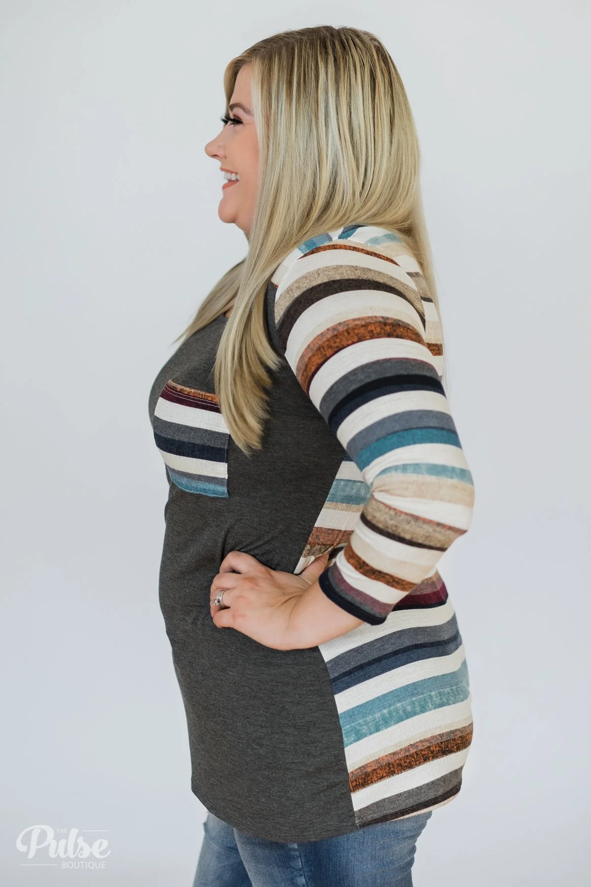 Perfectly Shaded 3/4 Sleeve Striped Top- Charcoal - Image 8