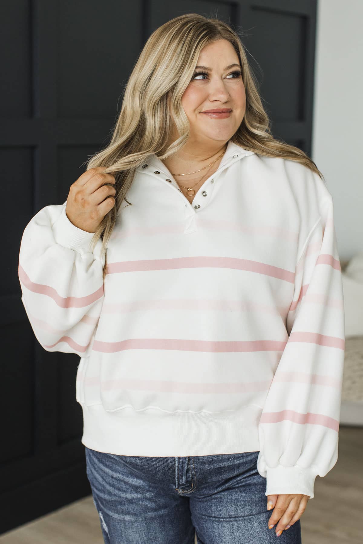 Photo Ready Striped Quarter Button Pullover- White & Pink