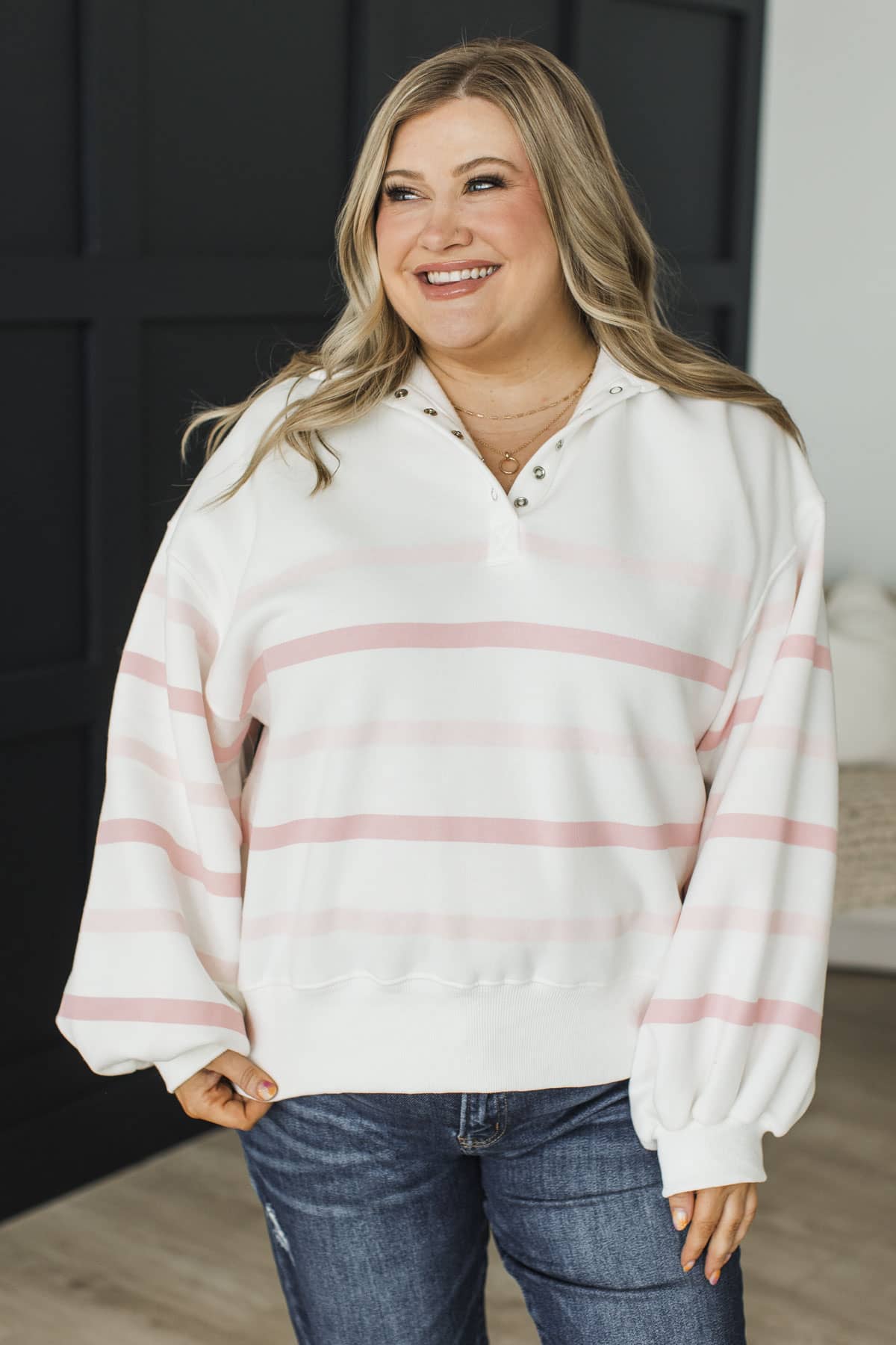 Photo Ready Striped Quarter Button Pullover- White & Pink - Image 3