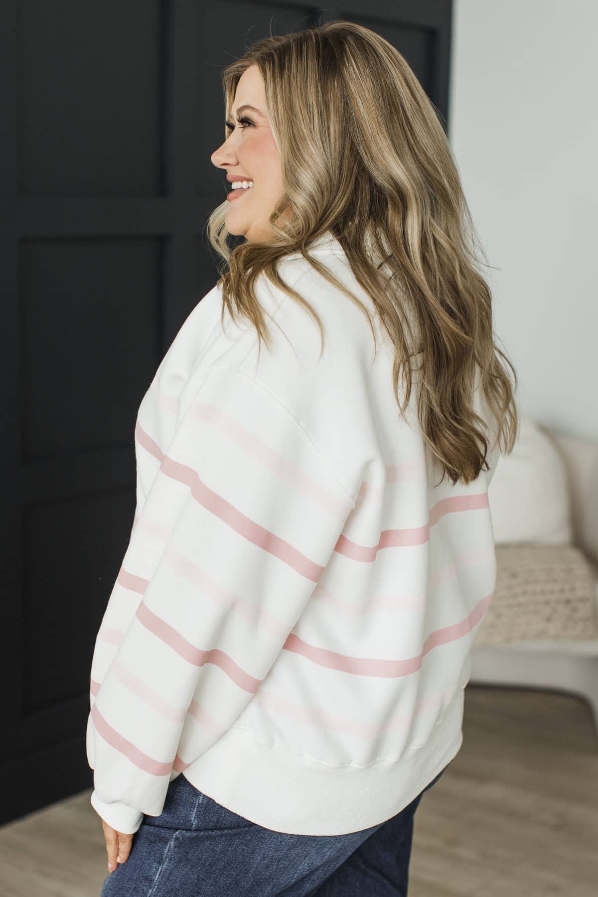 Photo Ready Striped Quarter Button Pullover- White & Pink - Image 5