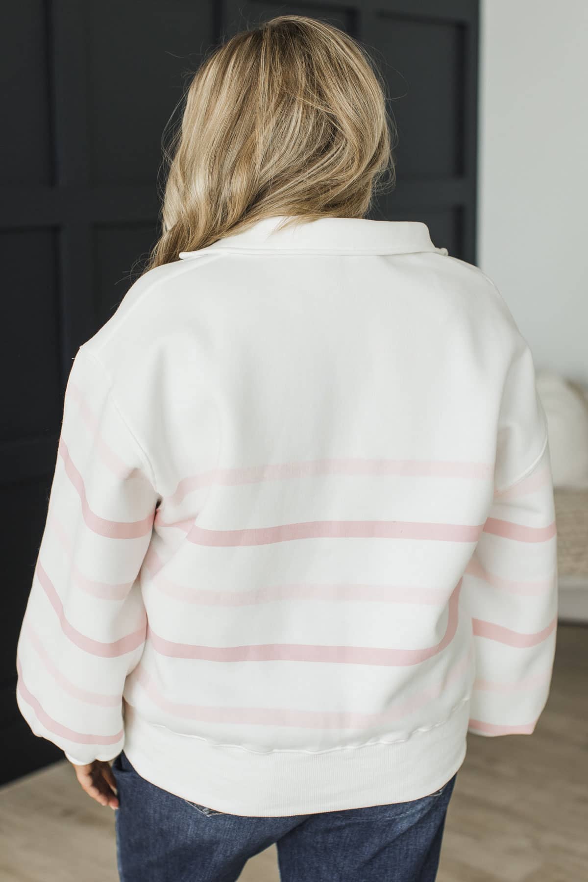 Photo Ready Striped Quarter Button Pullover- White & Pink - Image 7