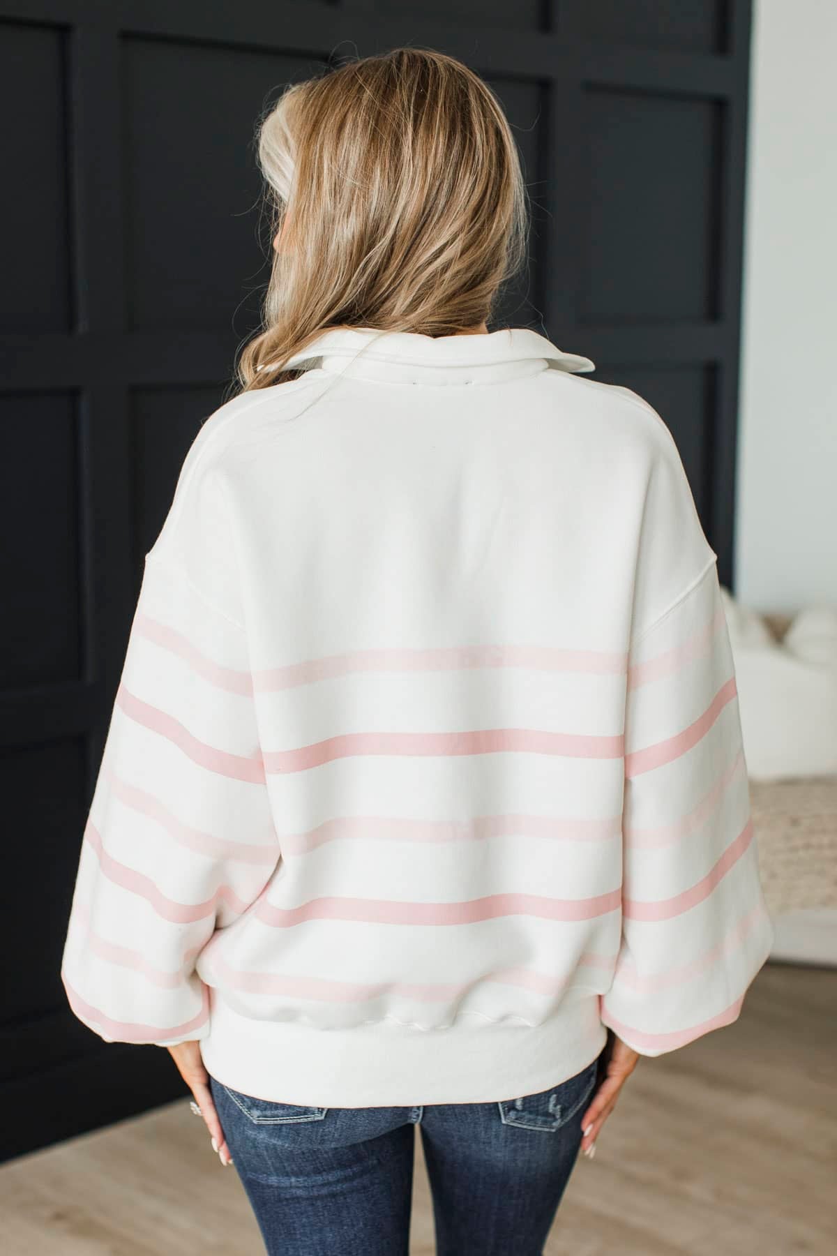 Photo Ready Striped Quarter Button Pullover- White & Pink - Image 8