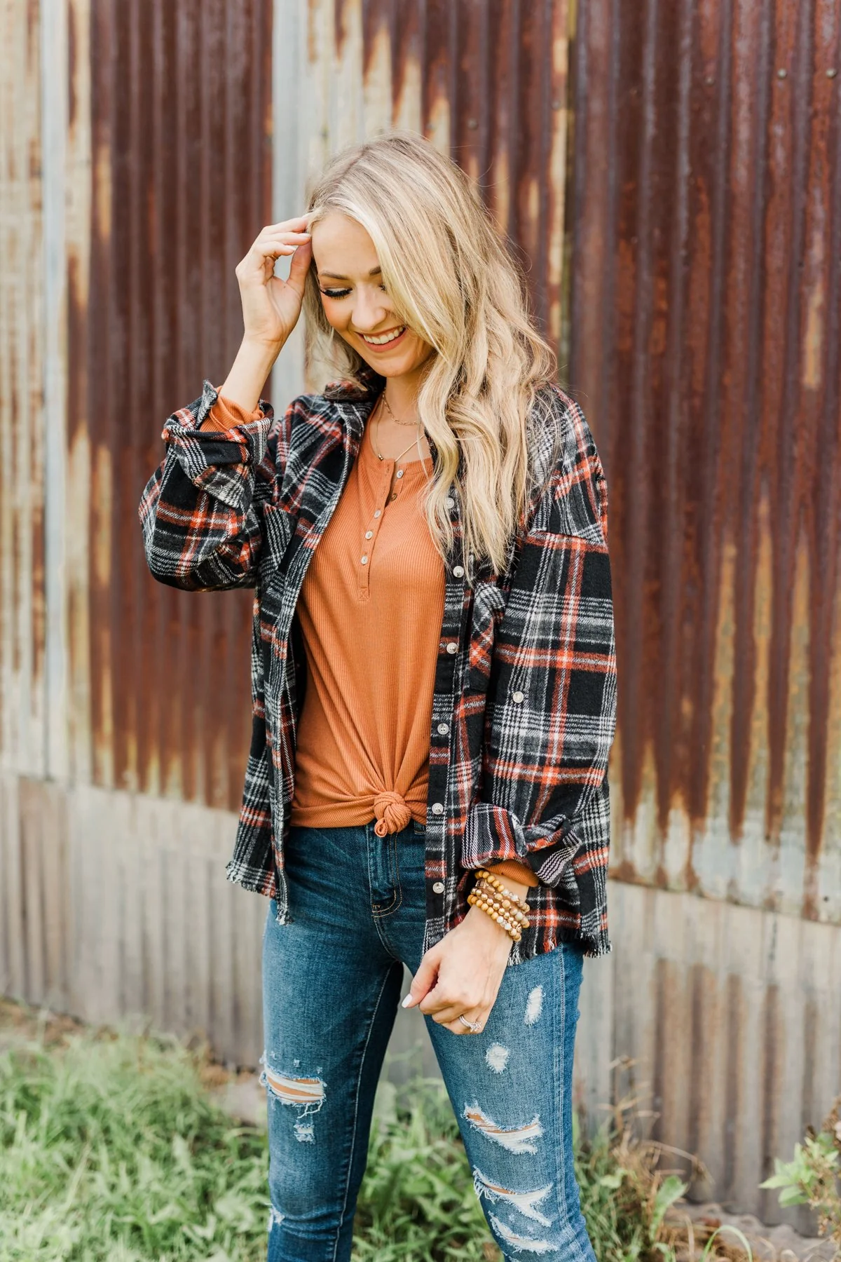 Pick Of The Patch Frayed Flannel- Black & Rust - Image 4