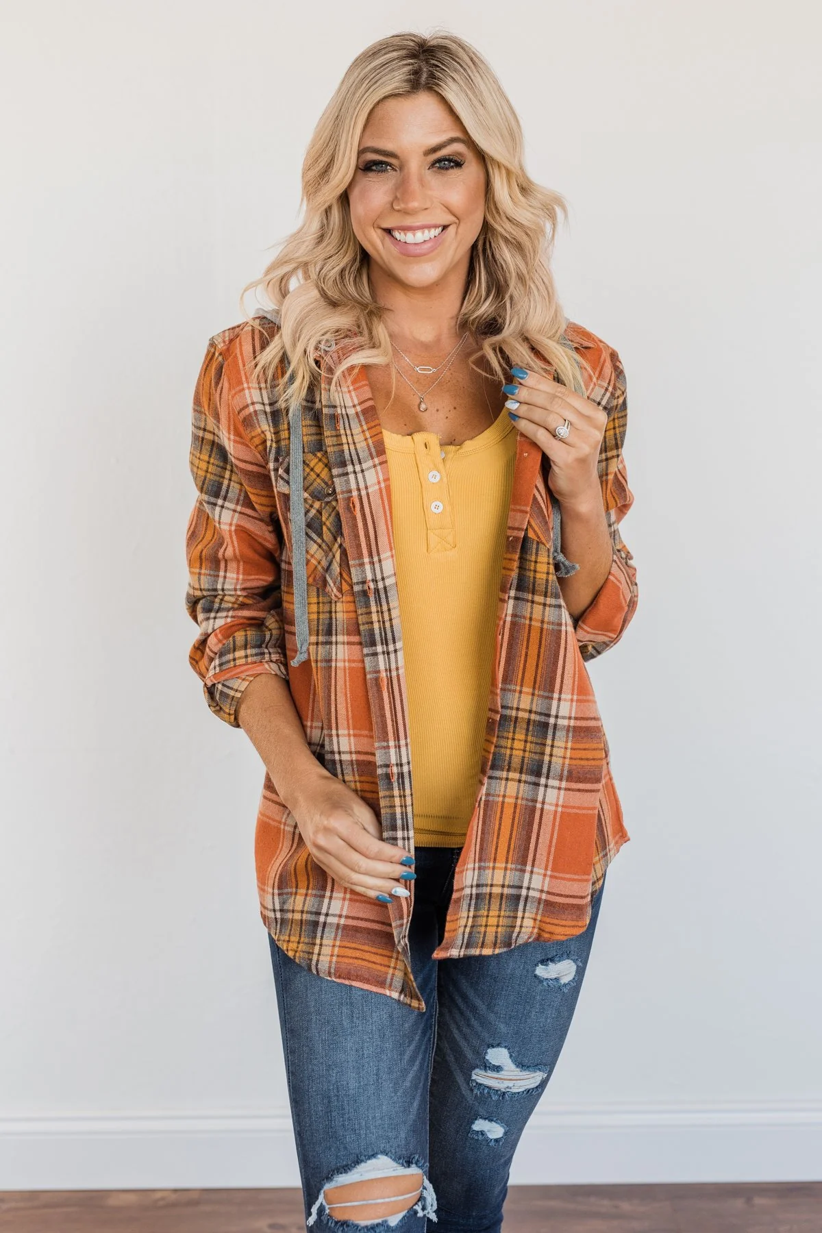 Pick Your Pumpkin Hooded Plaid Top- Burnt Orange, Navy, & Gold - Image 9