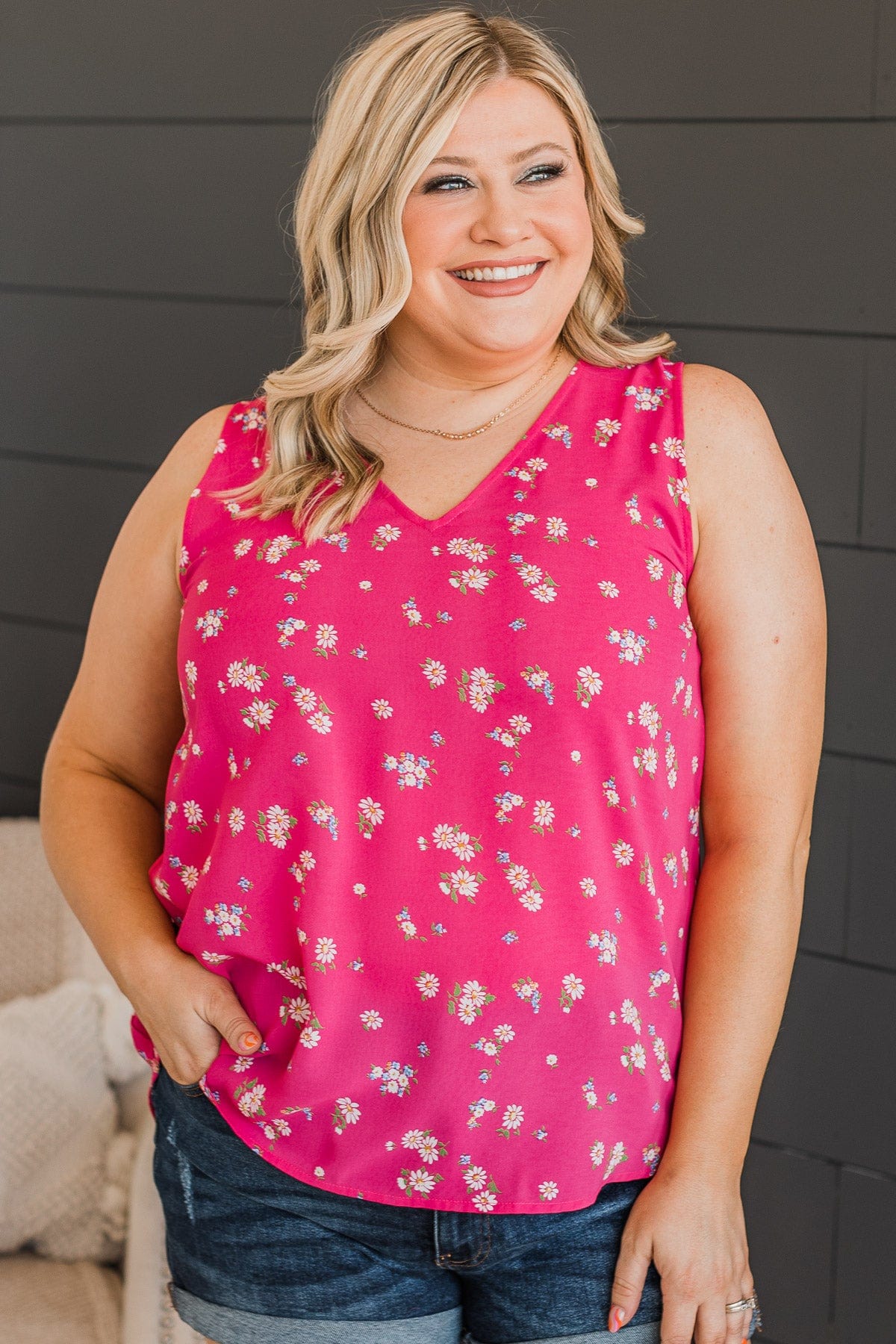 Picnic Date Floral Tank Top- Hot Pink - Image 2