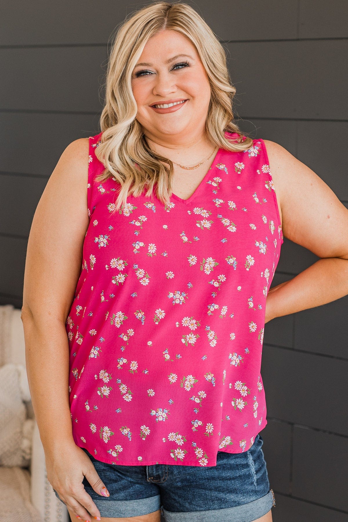 Picnic Date Floral Tank Top- Hot Pink - Image 4