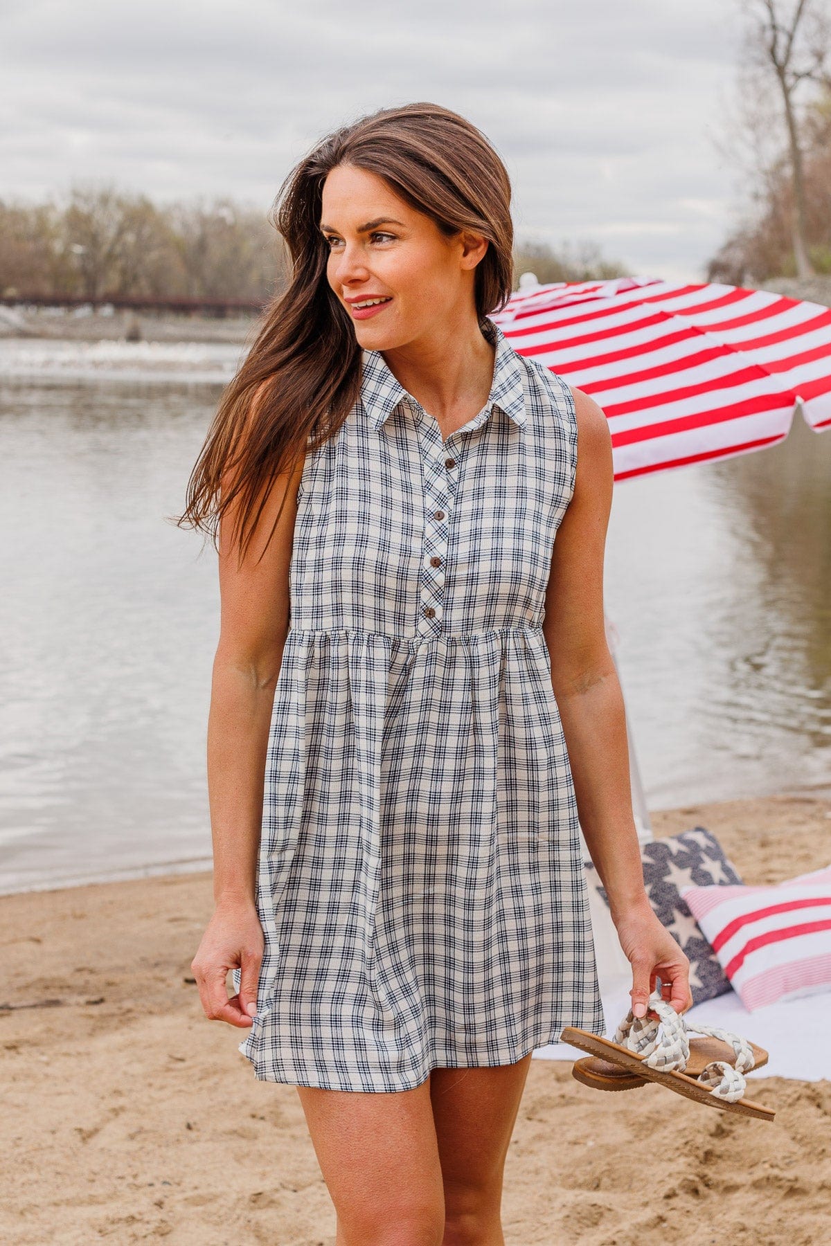 Picnic Memories Plaid Button Dress- Navy