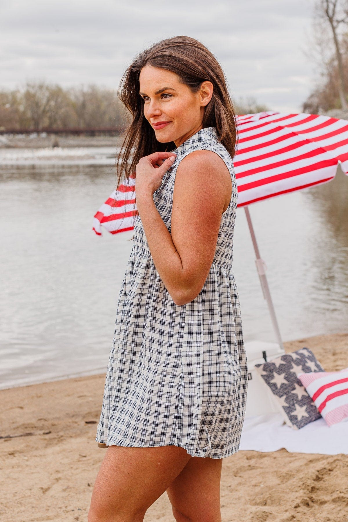 Picnic Memories Plaid Button Dress- Navy - Image 4