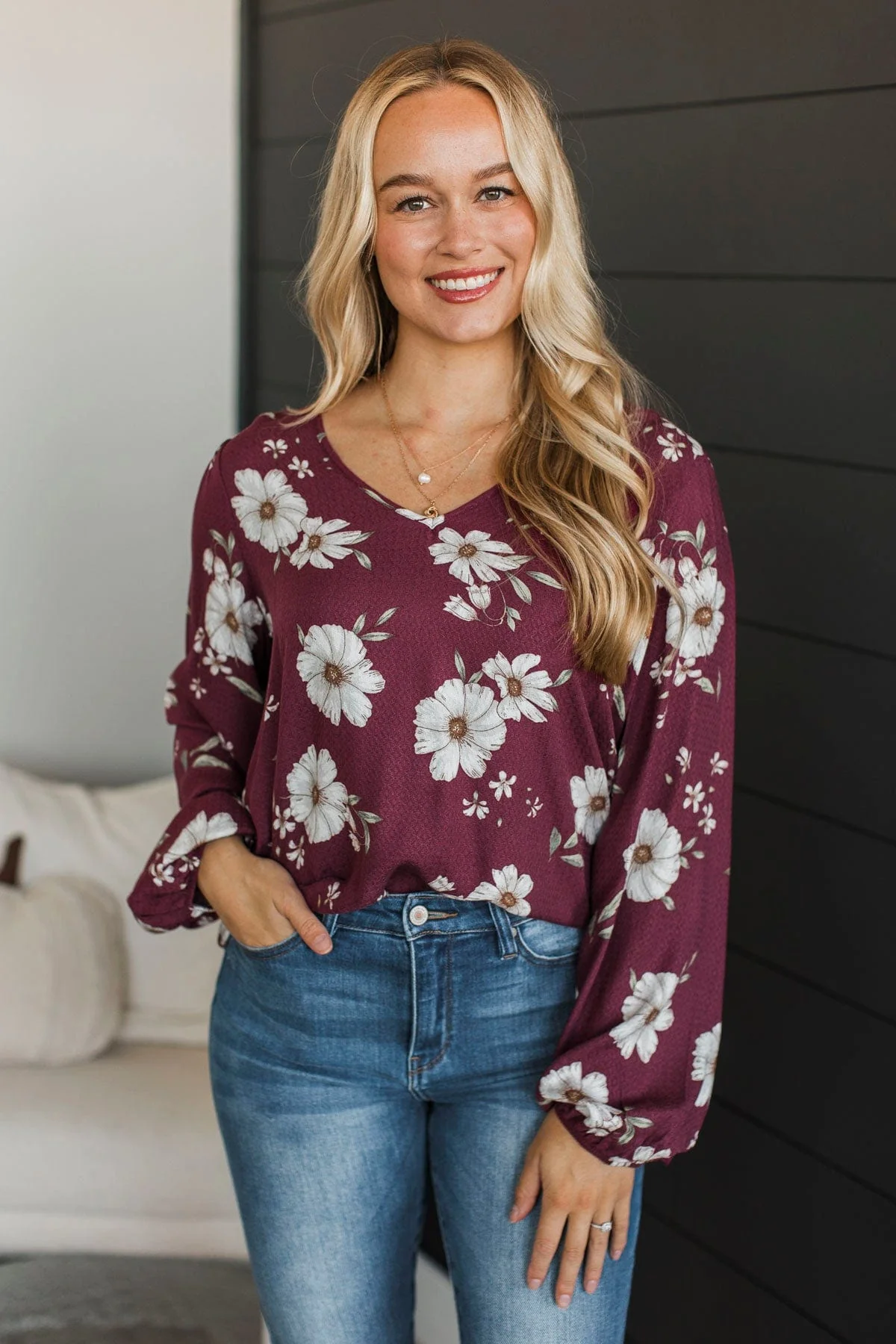 Picture Perfect Days Floral Blouse- Burgundy - Image 3
