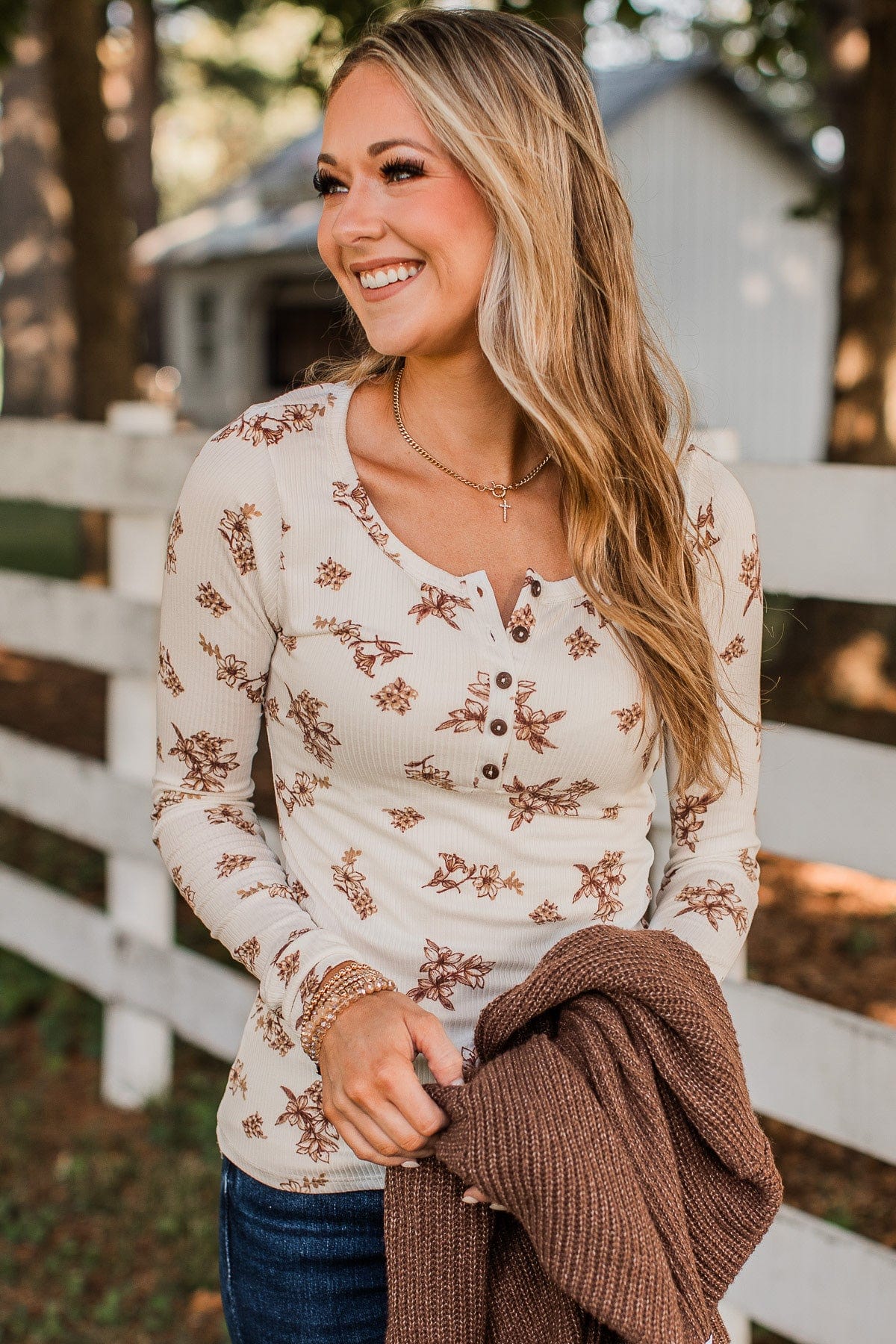 Piercing Beauty Floral Henley Top- Ivory - Image 3
