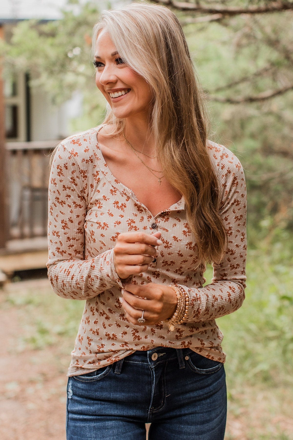 Piercing Beauty Floral Henley Top- Cream - Image 5
