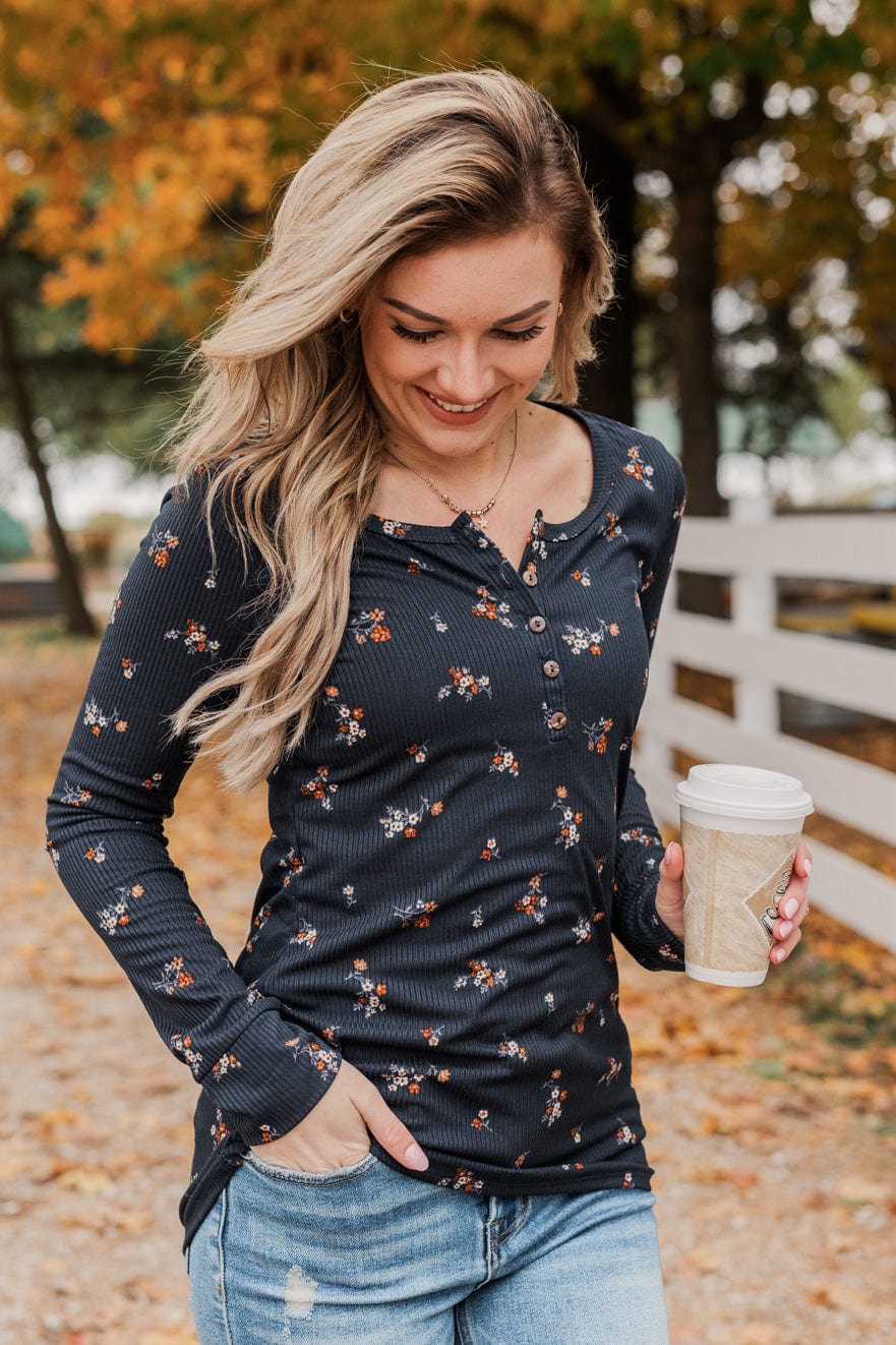 Piercing Beauty Floral Henley Top- Navy - Image 2