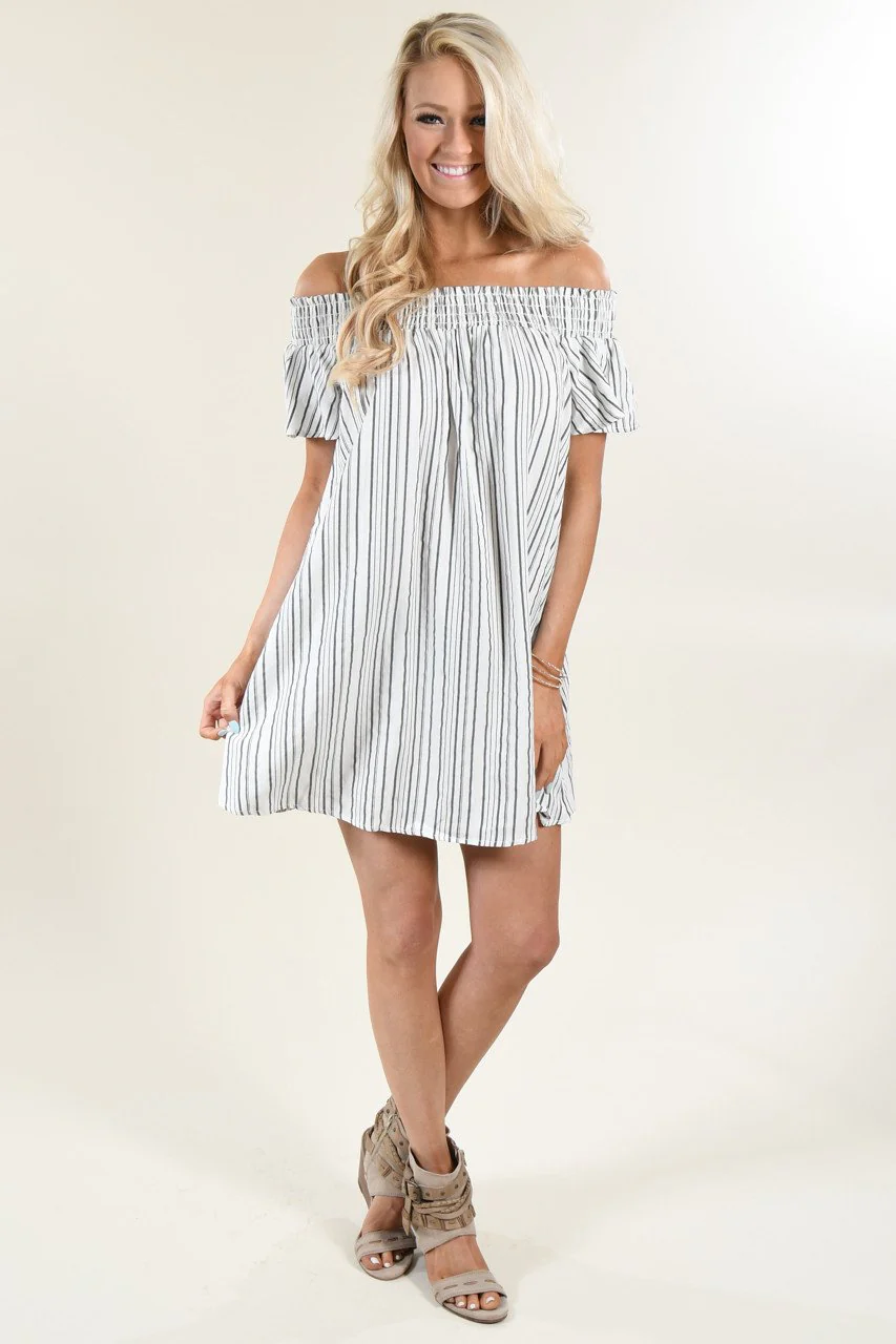 Pin Stripe Off The Shoulder Dress
