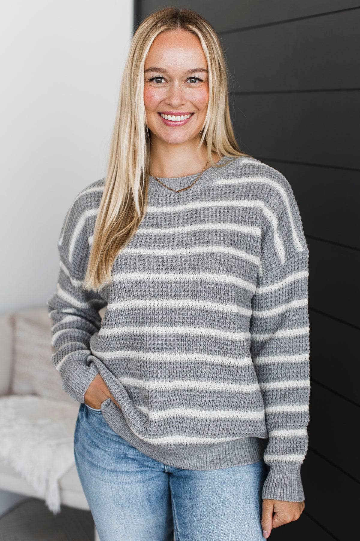 Pinch Me Moments Striped Sweater- Grey & White - Image 5