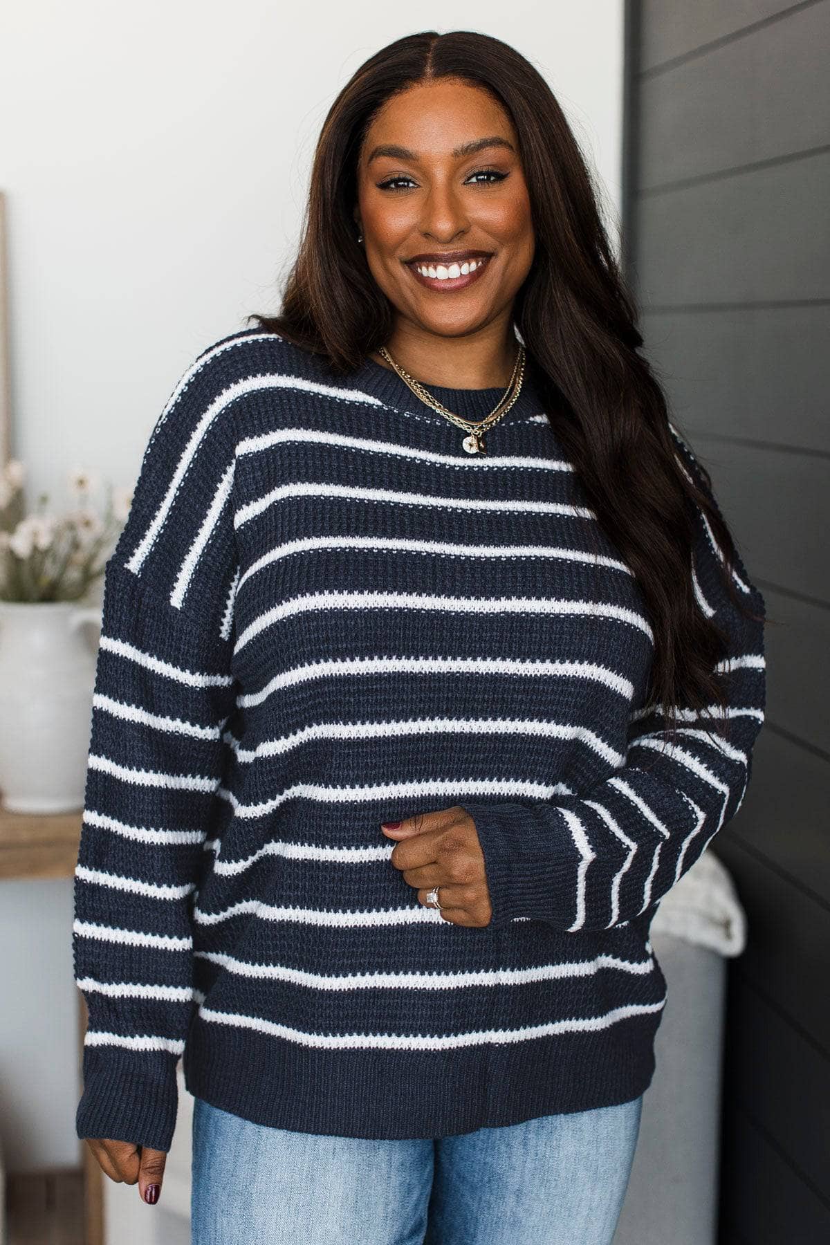 Pinch Me Moments Striped Sweater- Navy & White - Image 2