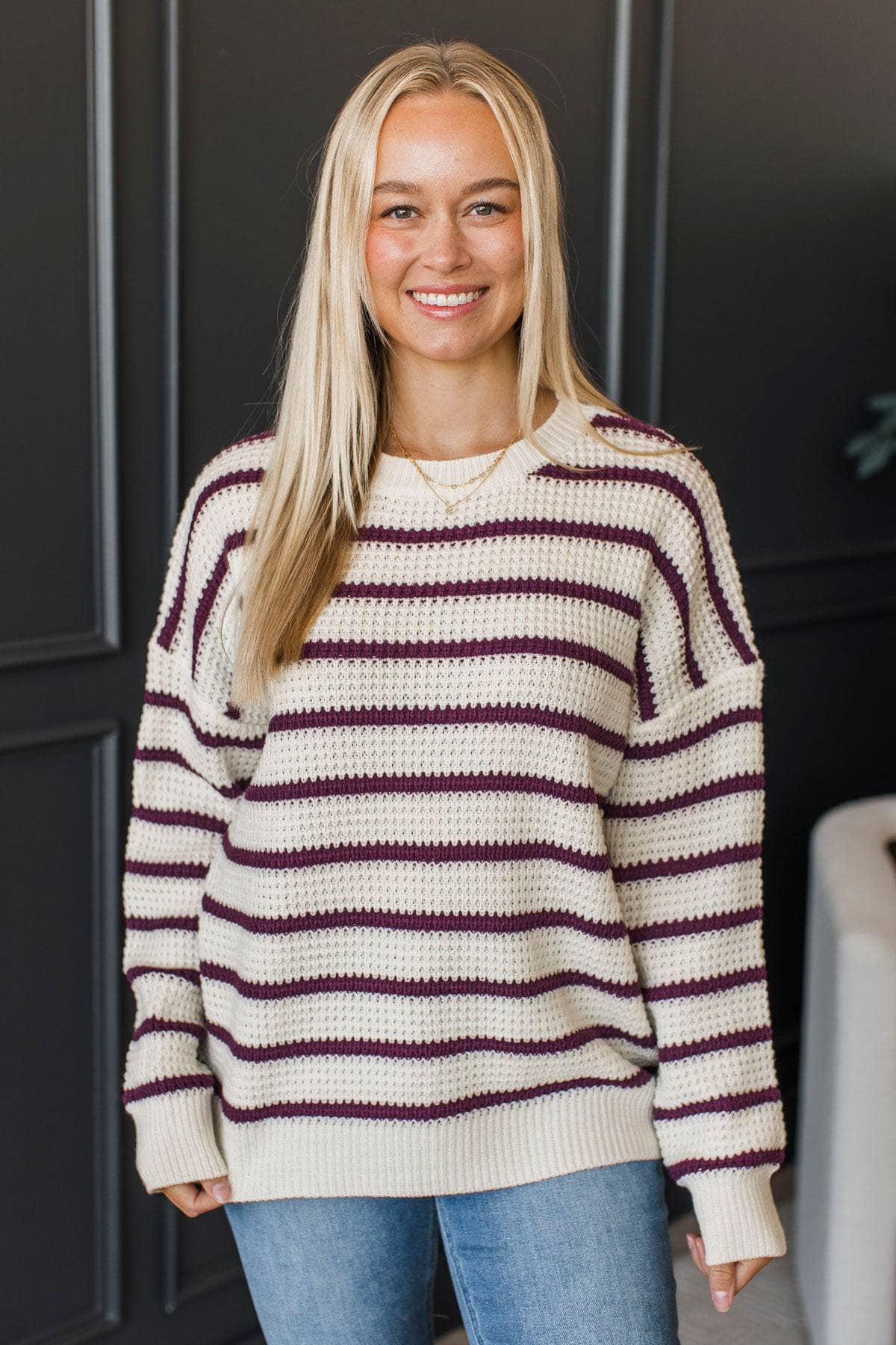 Pinch Me Moments Striped Sweater- Off-White & Plum - Image 2