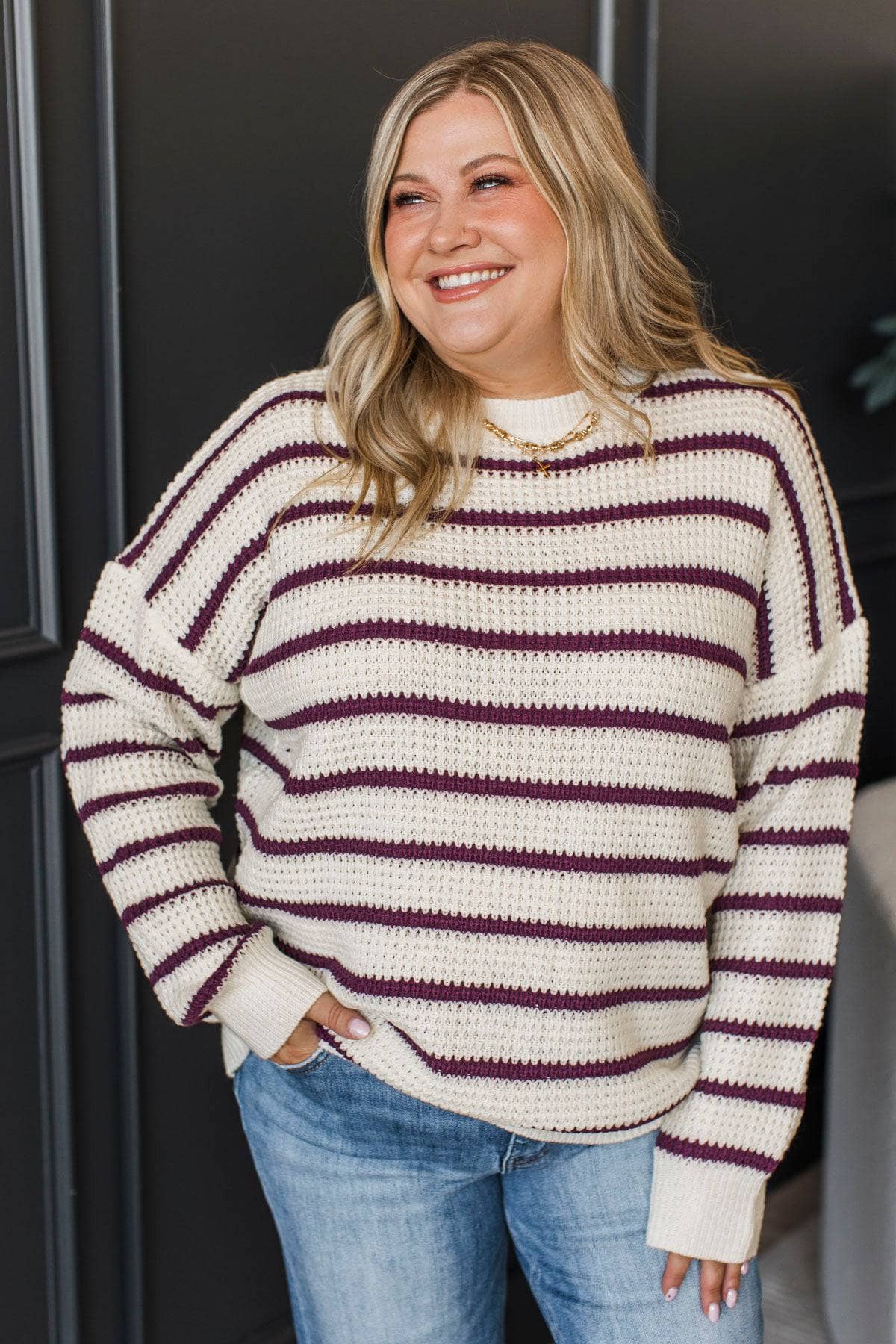 Pinch Me Moments Striped Sweater- Off-White & Plum - Image 3