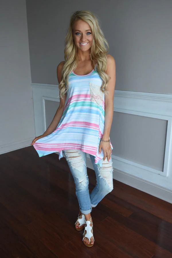 Pink & Blue Striped Pocket Top