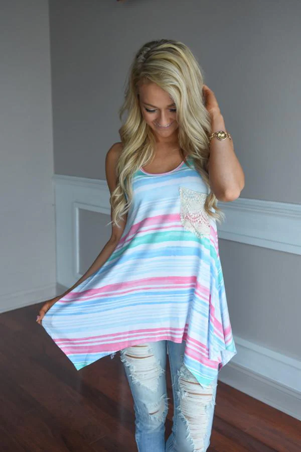 Pink & Blue Striped Pocket Top - Image 4