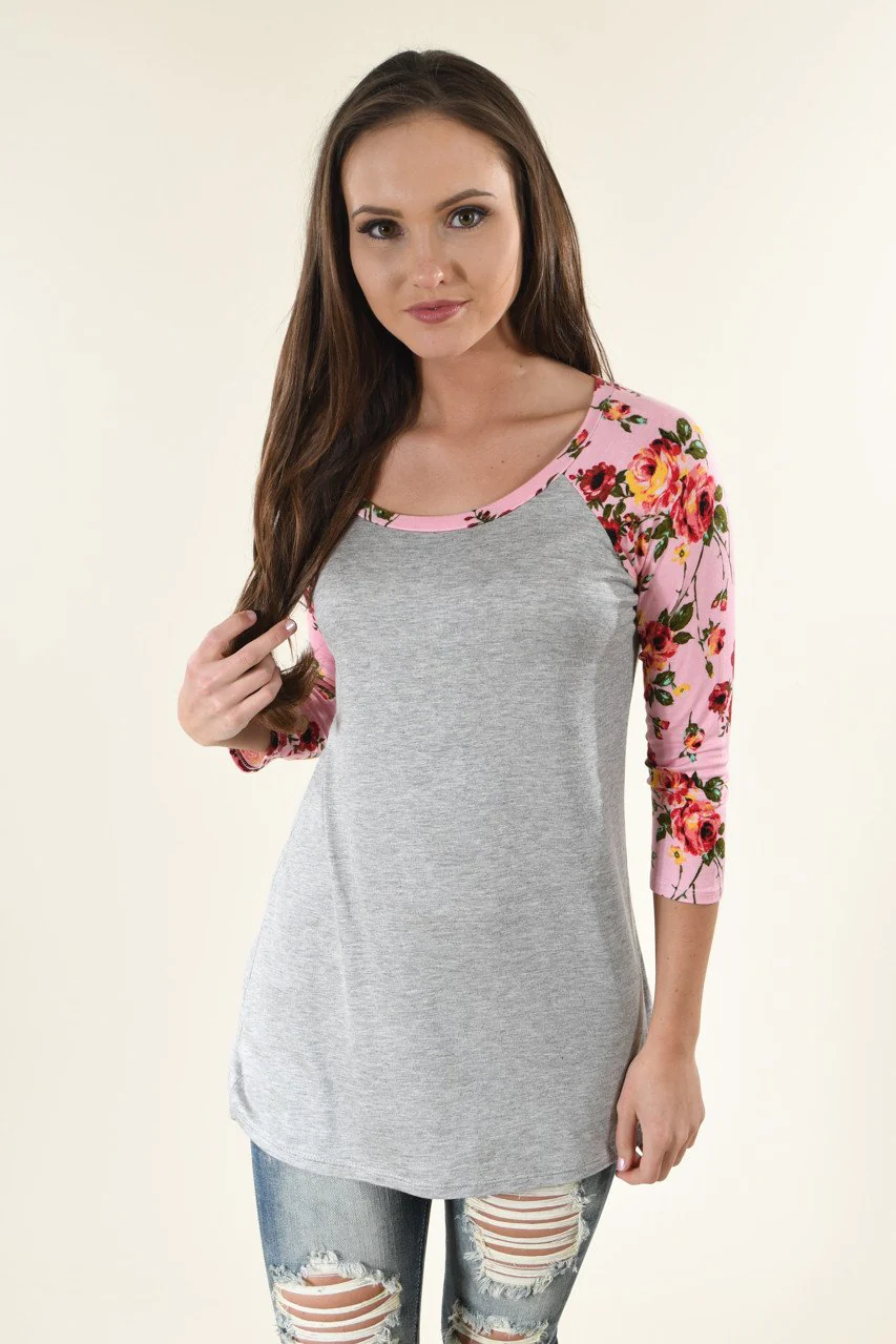 Pink Floral and Grey 3/4 Sleeve Top