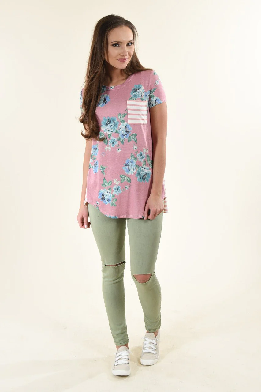 Pink Floral & Stripes Pocket Top - Image 2