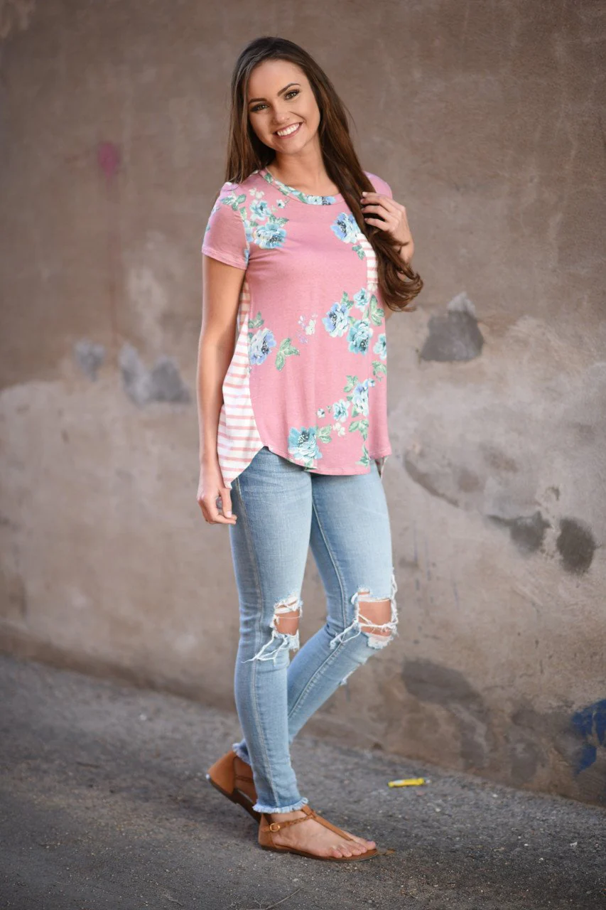 Pink Floral & Stripes Pocket Top - Image 8
