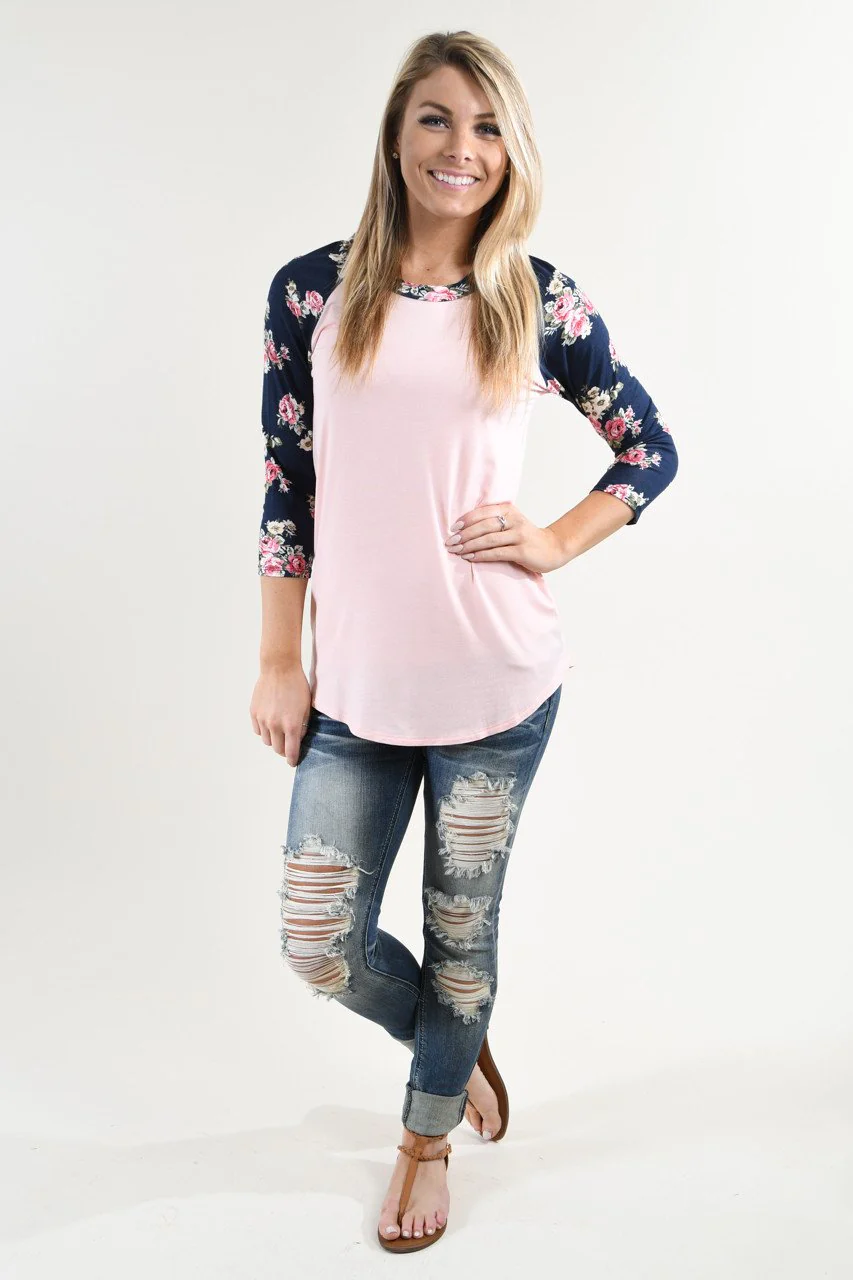 Pink & Navy Floral Baseball Tee - Image 2