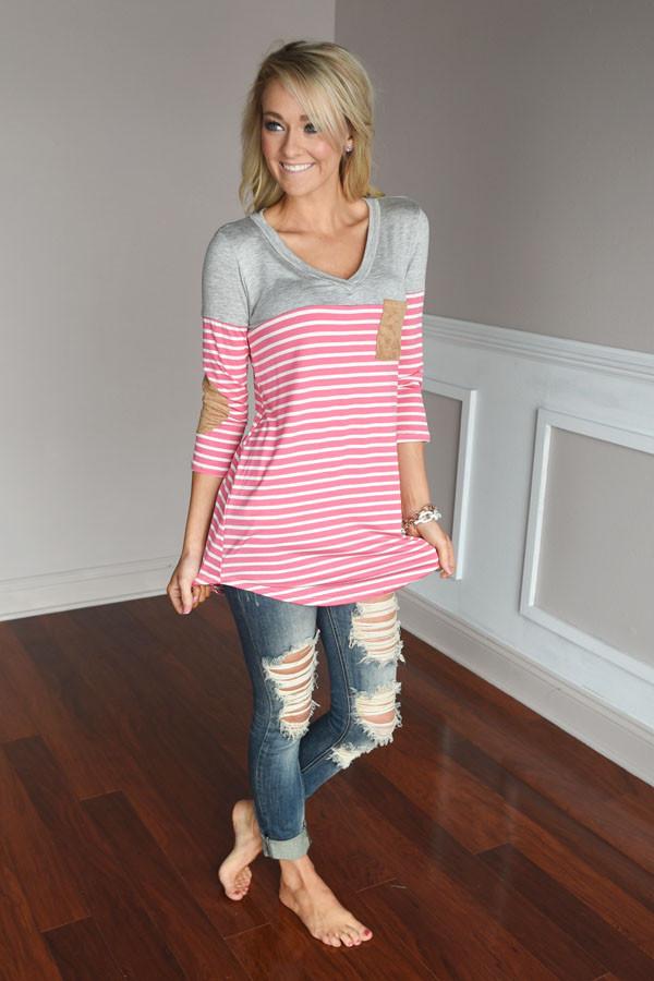 Pink Striped Elbow Patch Top - Image 2
