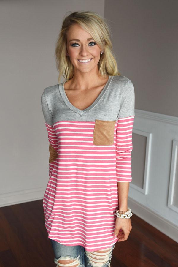 Pink Striped Elbow Patch Top - Image 3