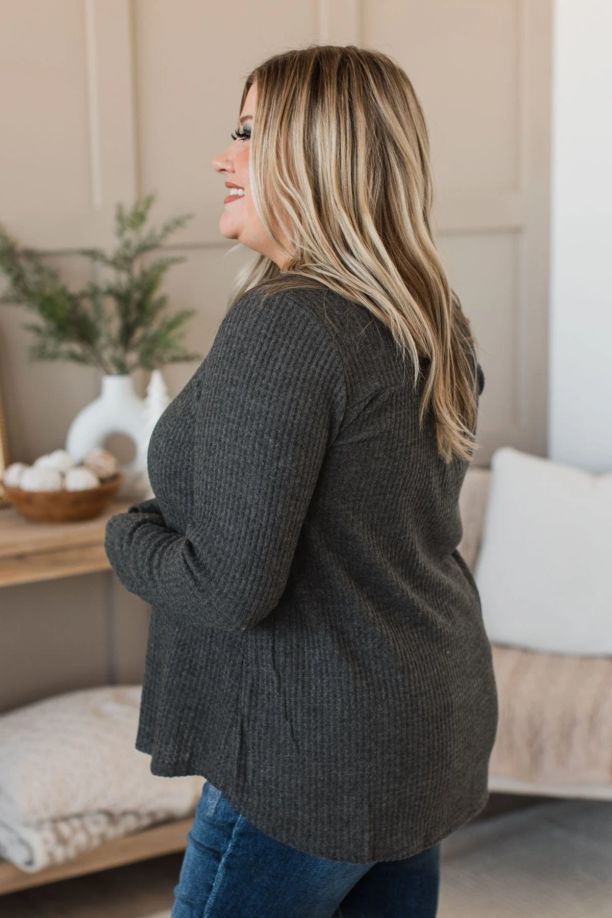 Place I Belong Waffle Knit Top- Charcoal - Image 5