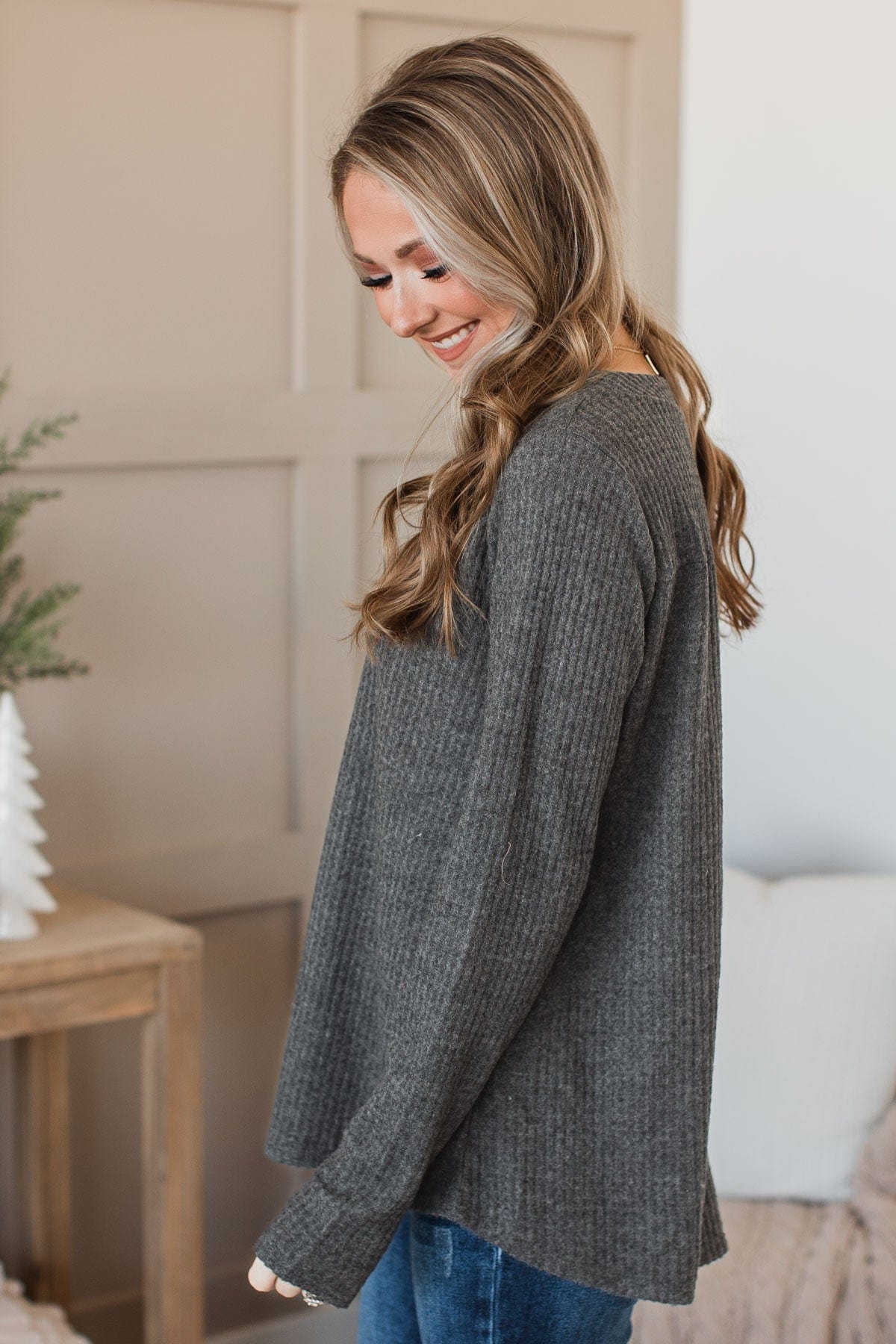 Place I Belong Waffle Knit Top- Charcoal - Image 6